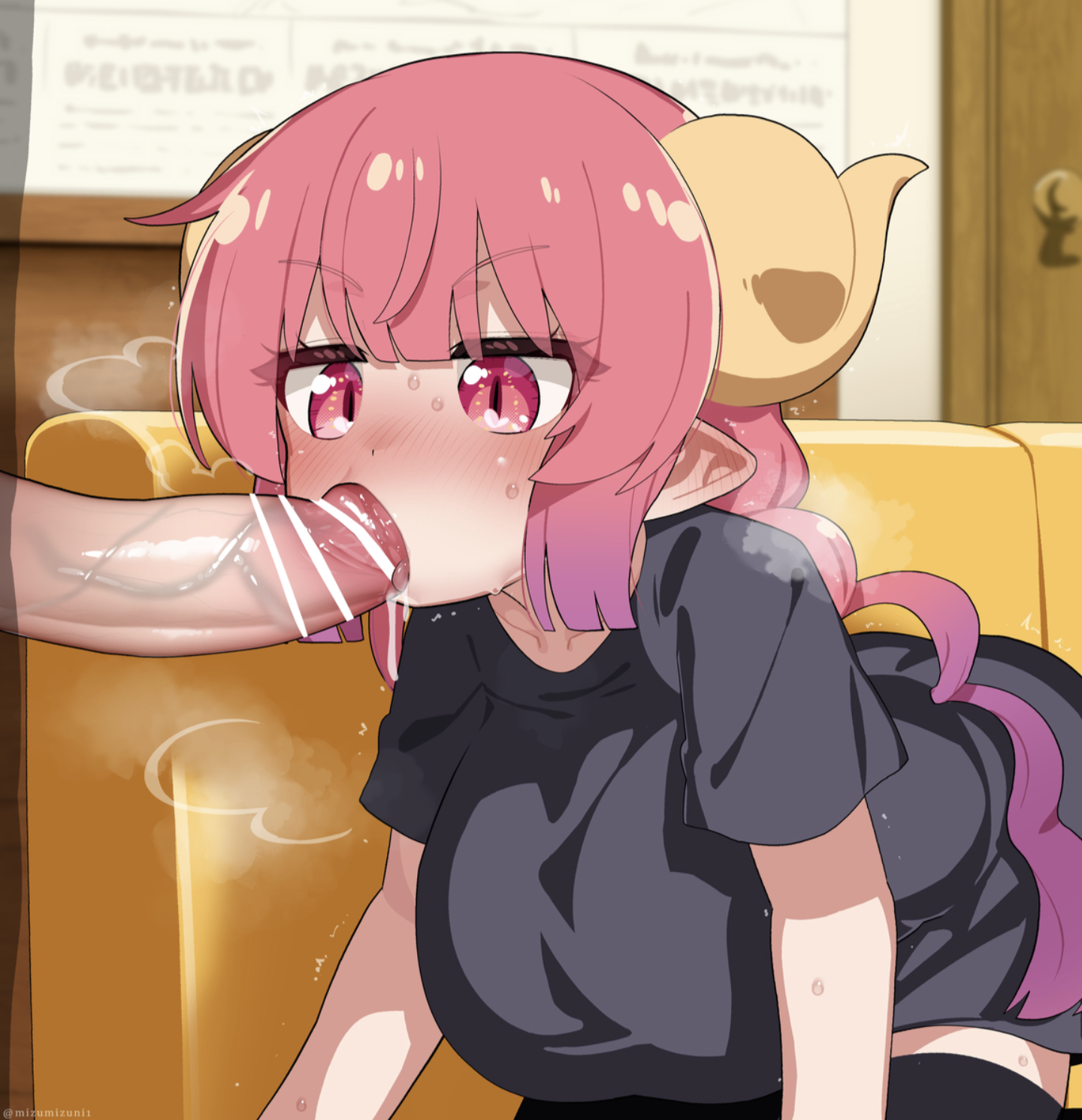 1boy, 1girls, all fours, big breasts, blowjob, blush, breasts, censored, fellatio, female, horns, ilulu (dragon maid), male, miss kobayashi's dragon maid, mizumizuni, penis, pink eyes, pink hair, pointy ears, silhouette, sloppy, sweat, thighhighs, veiny penis