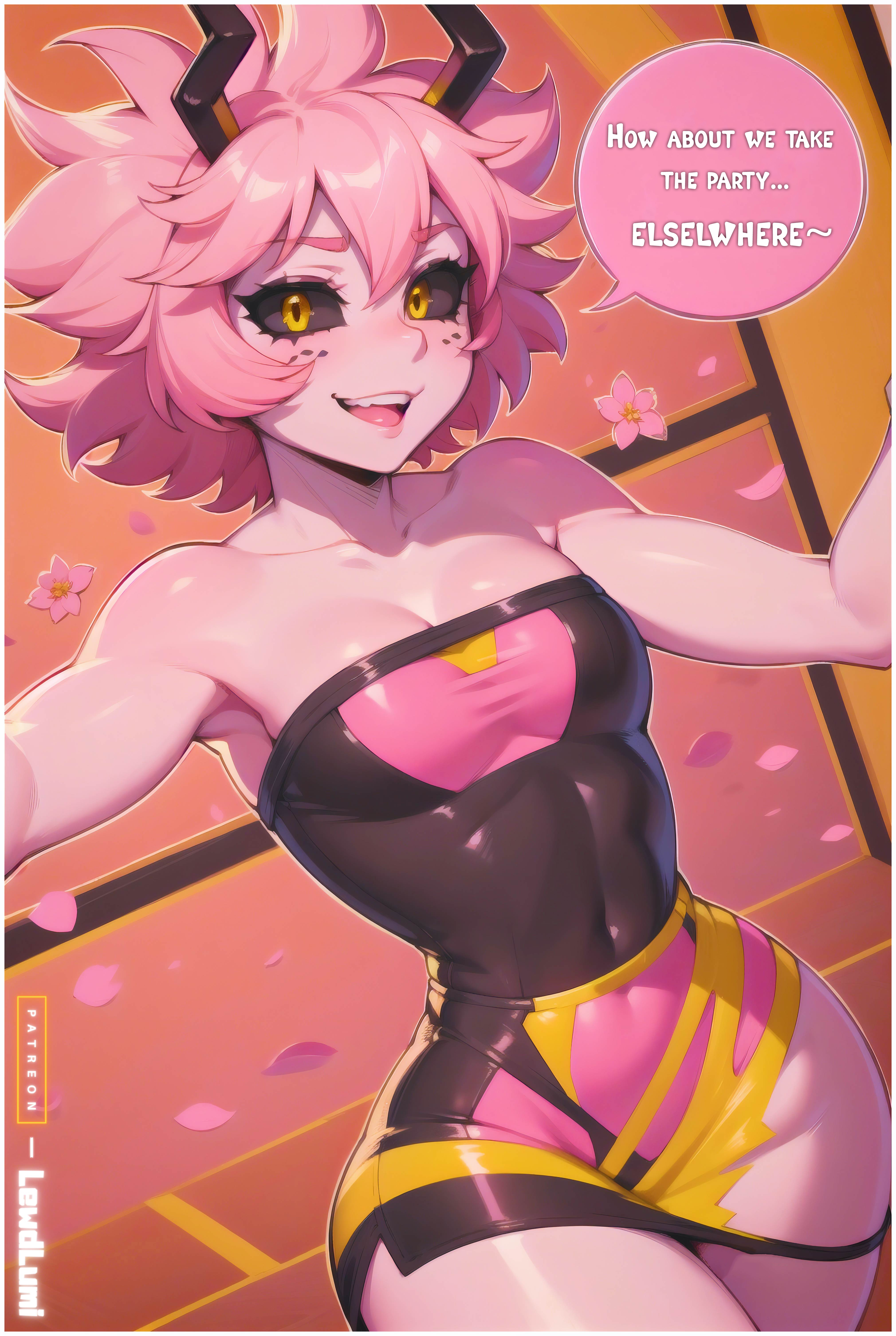 abstract background, ai generated, antlers, armpits, bare shoulders, black sclera, blush, breasts, cleavage, collarbone, color, female, freckles, hi res, lewdlumi, logo, long hair, mina ashido, monster girl, my hero academia, open smile, outline, patreon, pink hair, pink skin, pov eye contact, solo, solo focus, suggestive, suggestive look, teeth, text, text bubble, thick thighs, thighs, tight clothing, tongue, yellow eyes