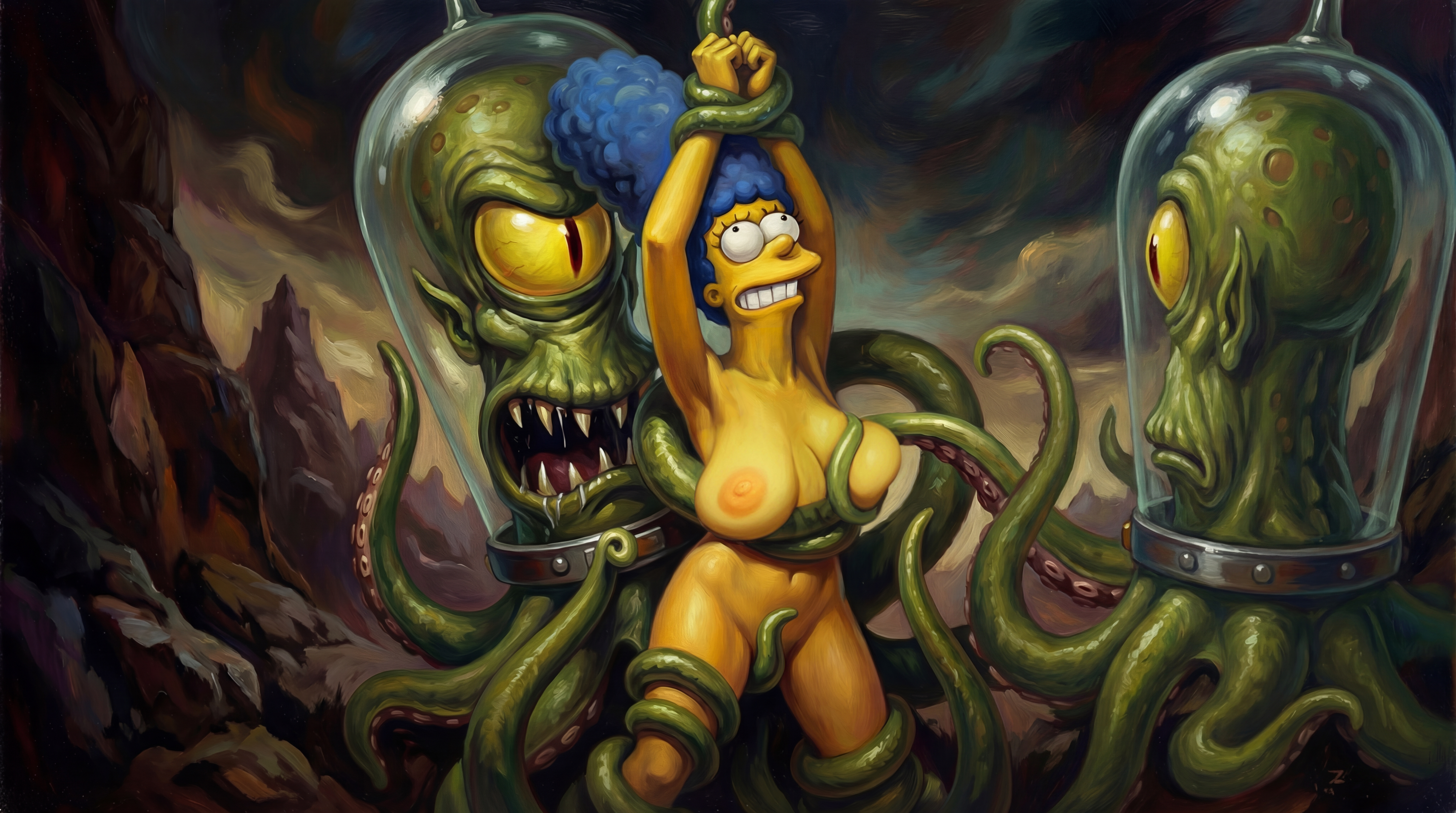 absurd res, ai generated, ai-assisted, alien, blue hair, breast grab, breast squeeze, conjugal slavery, fonglet, kodos, marge simpson, nipples, nude, restrained, tentacle, tentacle rape, tentacle sex, the simpsons
