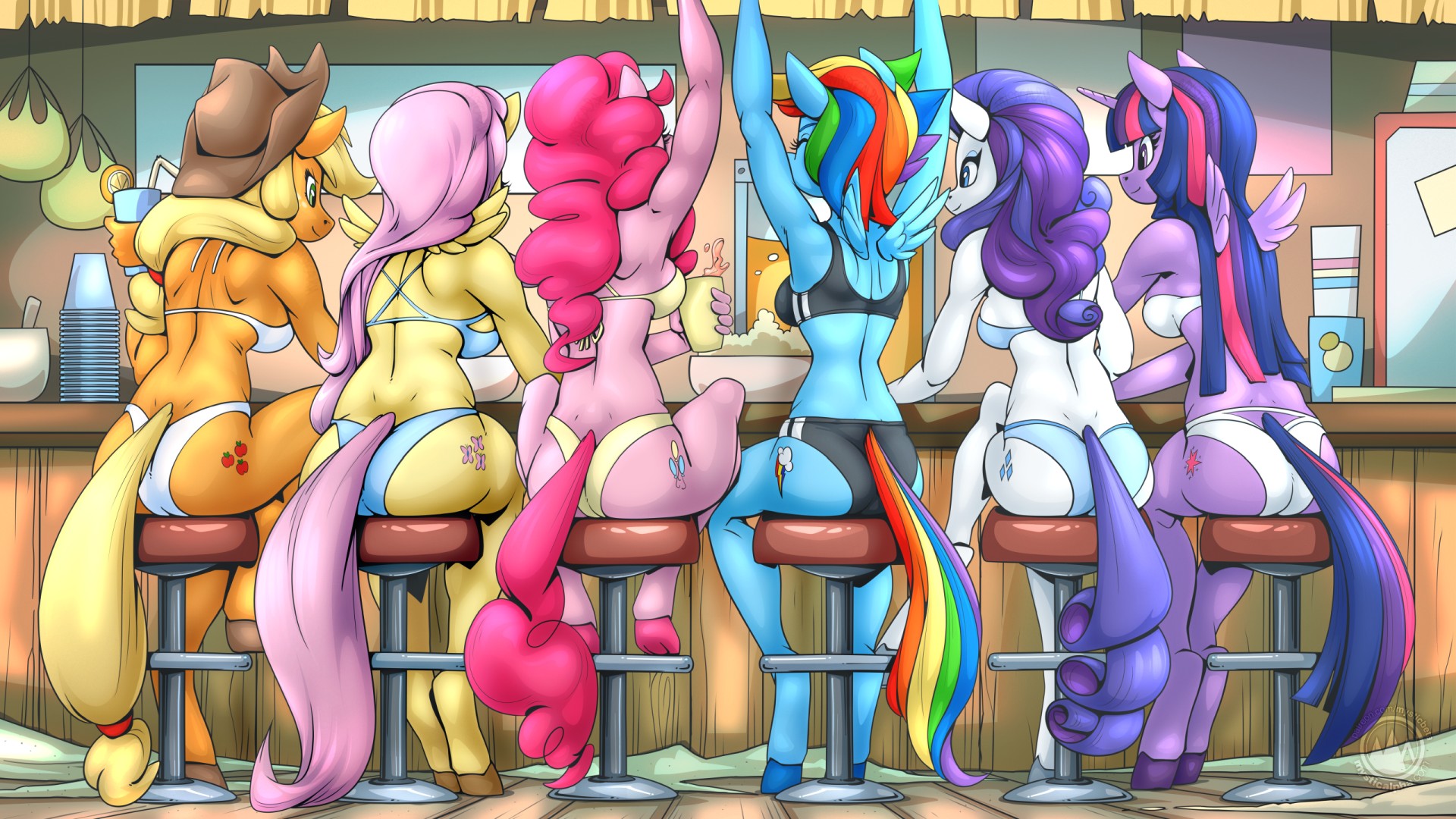 6+girls, 6girls, anthro, applejack (mlp), ass, bikini, blonde hair, breasts, clothing, cowboy hat, cutie mark, female, fluttershy (mlp), friendship is magic, hair, hasbro, hat, hooves, my little pony, mysticalpha, pink hair, pinkie pie (mlp), purple hair, rainbow dash (mlp), rainbow hair, rarity (mlp), tail, twilight sparkle (mlp), wings