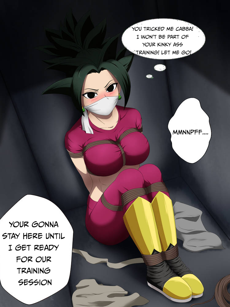 angry angry_face big_breasts blushing bondage bouncing_ass bound bound_ankles bound_legs bound_wrists dragon_ball dragon_ball_super female female_saiyan fusion gag gagged gagged_speech kefla over_the_nose_gag potara_earrings rope speech_bubble universe_6/universe_7 universe_6_girls