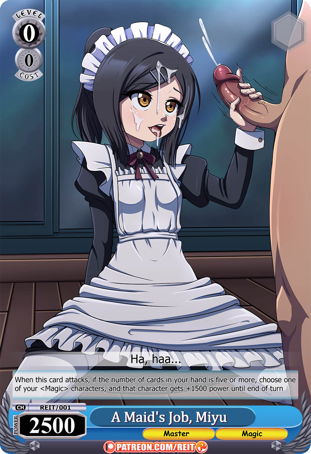background, black hair, clothed female nude male, cum, cum on face, faceless male, fate (series), fate/kaleid liner prisma illya, female, looking pleasured, maid, male, masturbation, miyu edelfelt, nude, nude male, open mouth, patreon, reit, text, tongue, tongue out