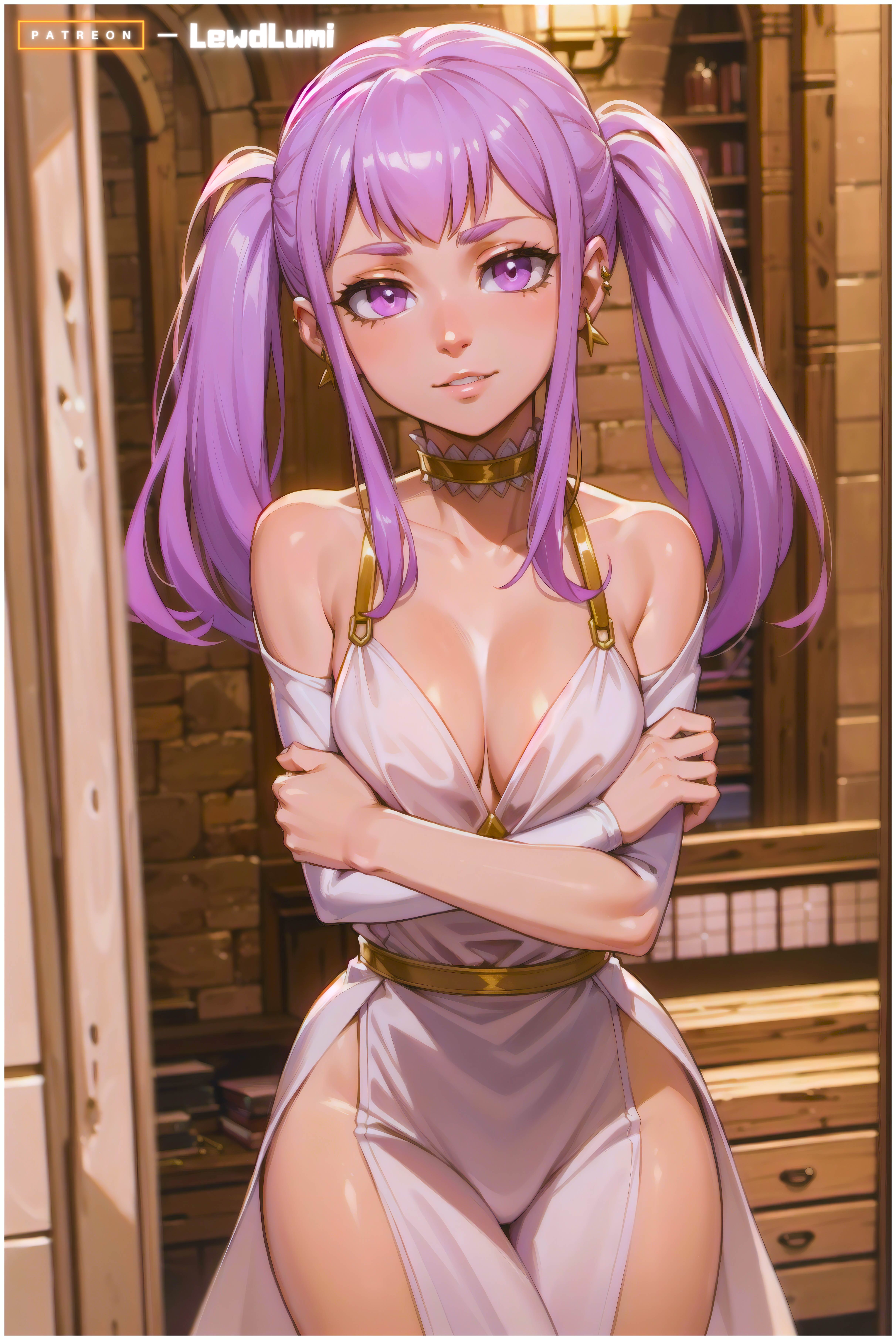 1girls, absurd res, ai generated, belt, black clover, blush, castle, cleavage, crossed arms, detailed, detailed background, female, female only, lewdlumi, library, logo, looking at viewer, noelle silva, patreon, patreon logo, pov eye contact, purple eyes, purple hair, solo, thick, thick thighs