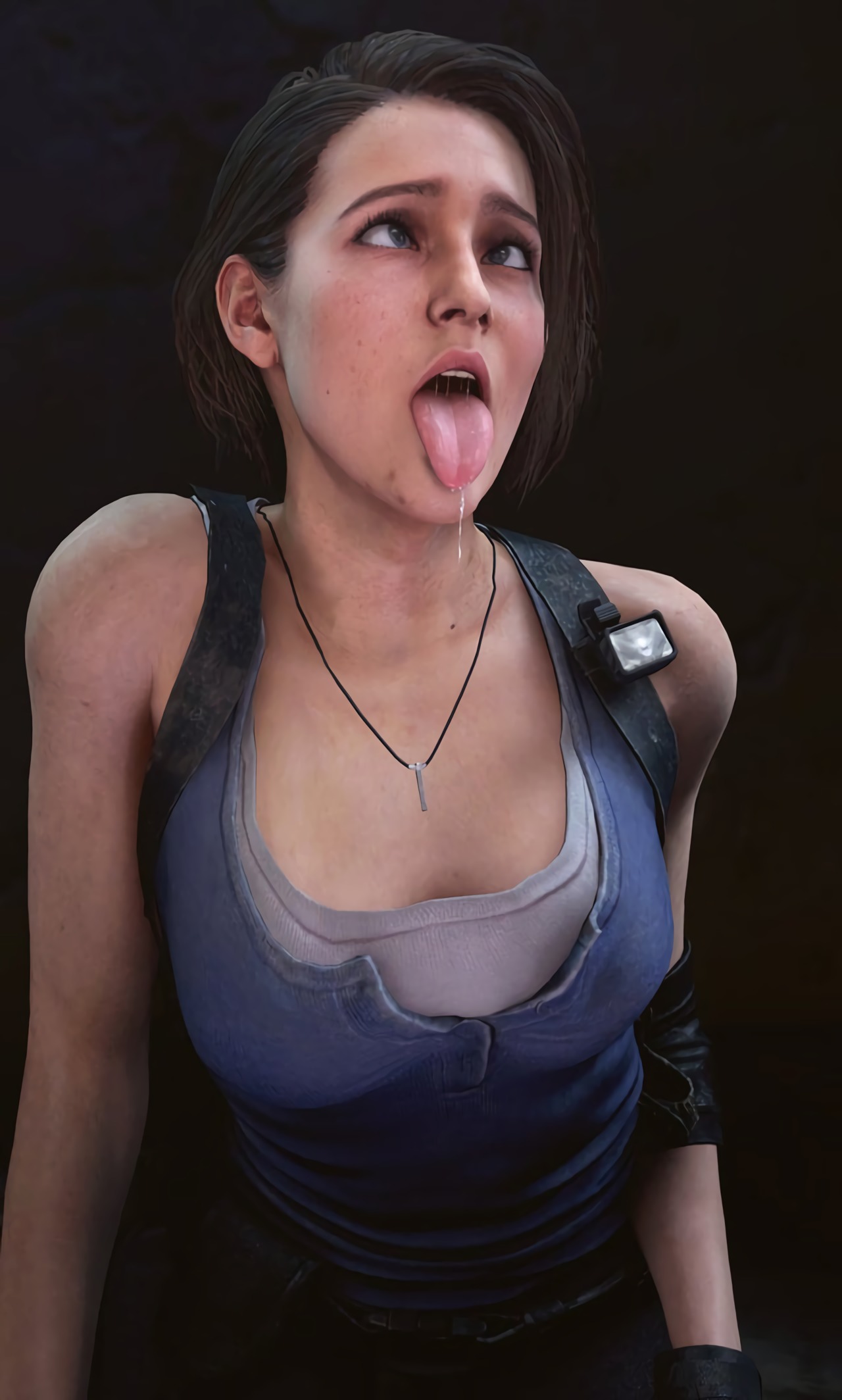 1girls, 3d, ahe gao, blue eyes, blush, breasts, brown hair, female, female only, flashlight, jill valentine, jill valentine (sasha zotova), mole, open mouth, pendant, resident evil, resident evil 3, resident evil 3 remake, rolling eyes, saliva, saliva drip, saliva trail, shirt, short hair, shoulders, solo, tongue, tongue out, waifu2x