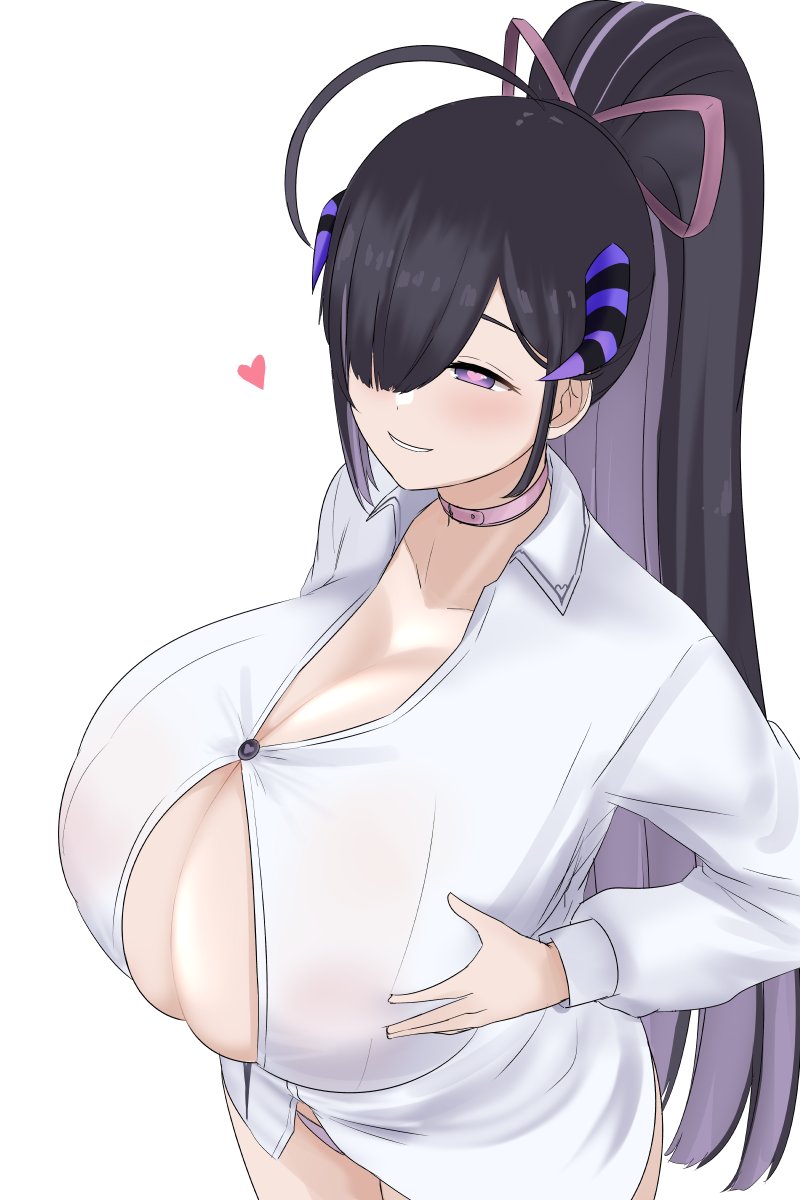 1girls black_hair blush breasts button_gap cleavage clothed clothing dullahan female female_only hair_over_one_eye heart heart-shaped_pupil huge_breasts indie_virtual_youtuber light-skinned_female light_skin monster_girl nao_(ritsancrossover) no_bra one_eye_obstructed paizuri_invitation panties ponytail prism_project purple_eye shirt solo symbol-shaped_pupil virtual_youtuber white_panties yura_rikudou