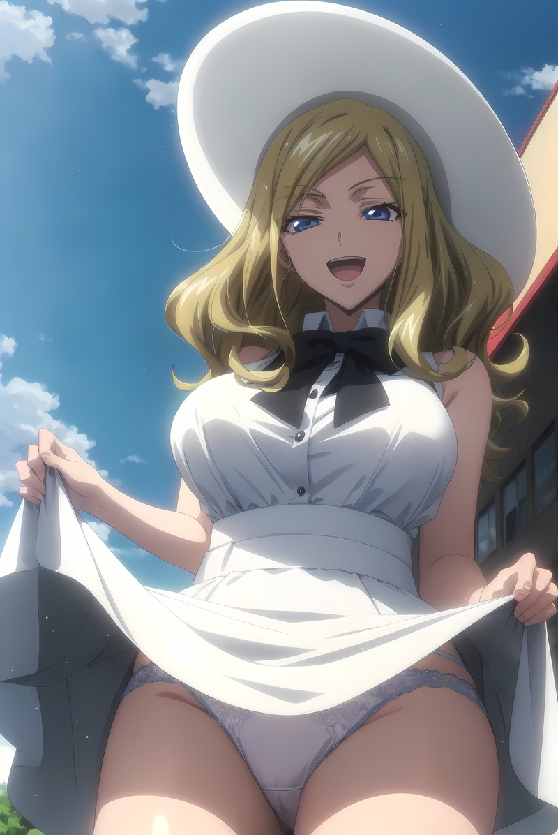 ai generated, big breasts, blonde hair, blue eyes, breasts, code geass, female, female only, hat, kangokusen, large breasts, milly ashford, panties, presenting panties, smiling at viewer, white dress