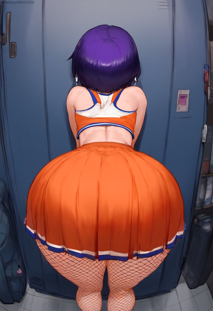 1girls, ai generated, ass, ass focus, blue clothing, blush, boku no hero academia, butt focus, cheerleader, cheerleader outfit, cheerleader uniform, female, female only, fishnet, fishnet legwear, fishnets, high resolution, highres, imminent anal, imminent sex, jirou kyouka, kyoka jiro, locker room, lockers, my hero academia, orange clothing, pinned, pinned to wall, purple hair, school uniform, schoolgirl, short hair, short skirt, skirt, solo, submissive, submissive female, white clothing