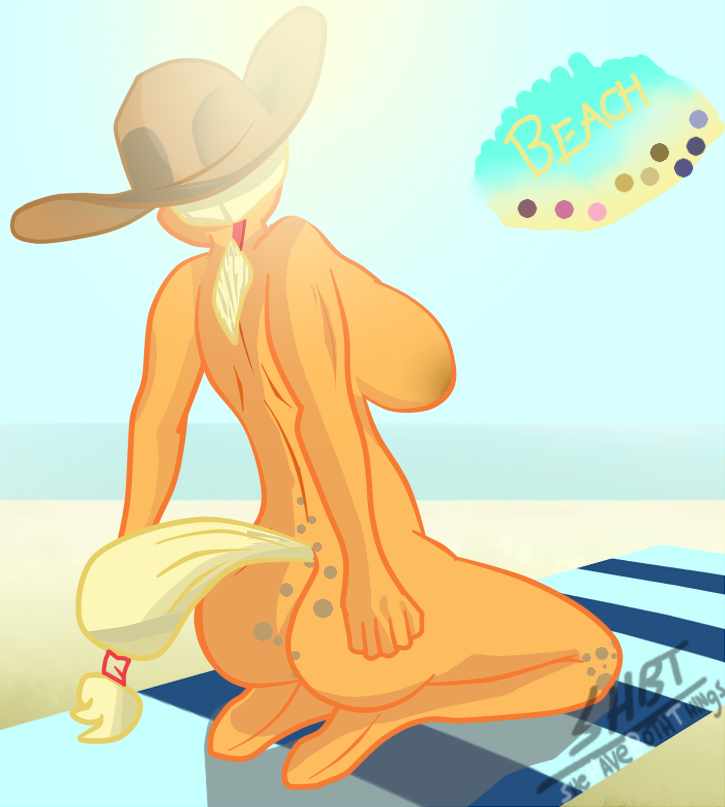 anthro applejack_(mlp) beach big_breasts blonde_hair breasts digital_media_(artwork) female friendship_is_magic grain hasbro huge_breasts mammal my_little_pony nipples nude seaside shehaveboththings_(artist) solo stading sun voluptuous