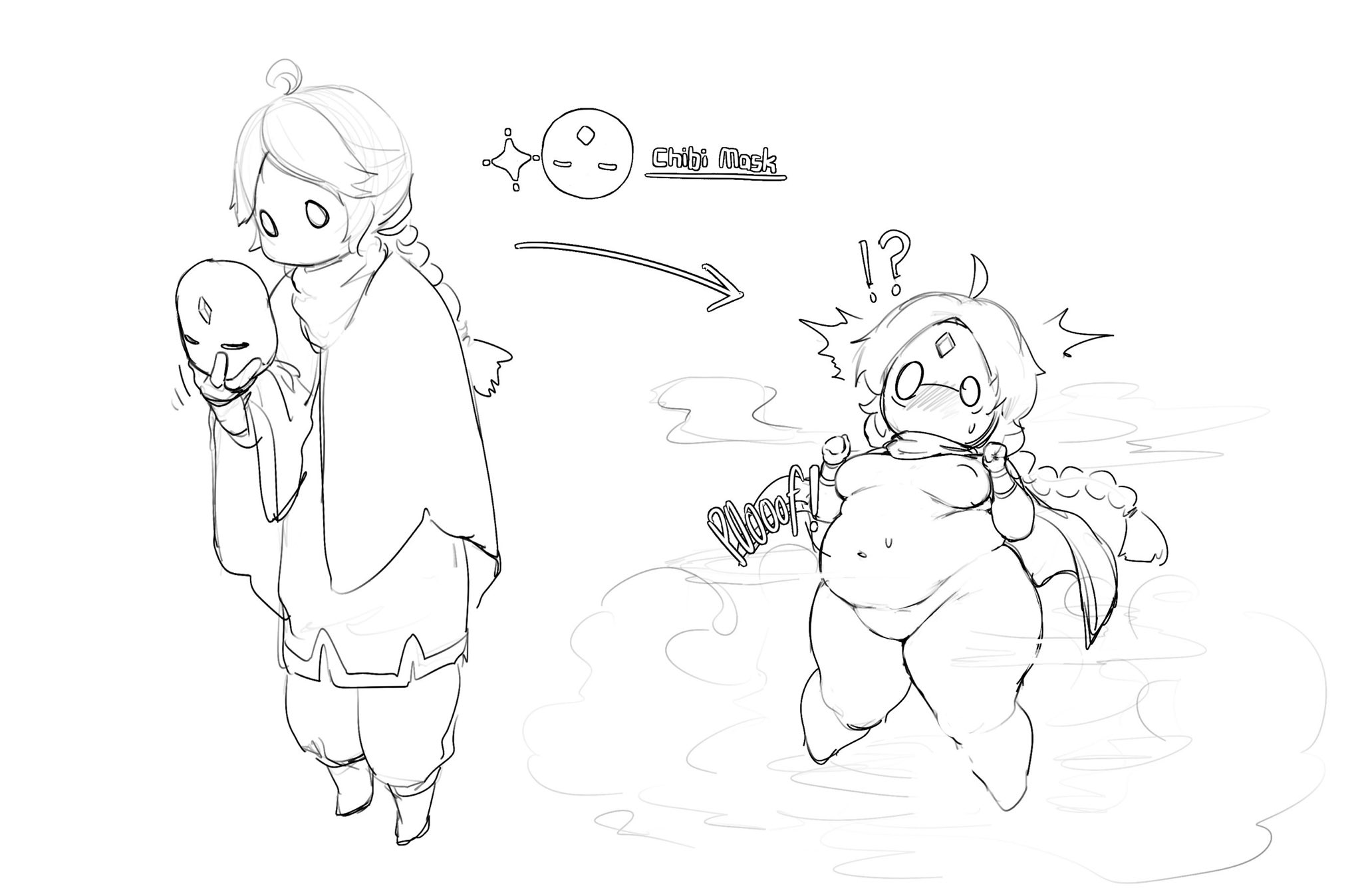 !?, ?!, 1girls, belly, blush, breasts, chibi, chubby, chubby female, featureless face, female, mask, masked female, okgaki, poof transformation, shortstack, shortstackification, shrinking, sky children of the light, sky: children of the light, skykid, surprised, thick thighs, transformation