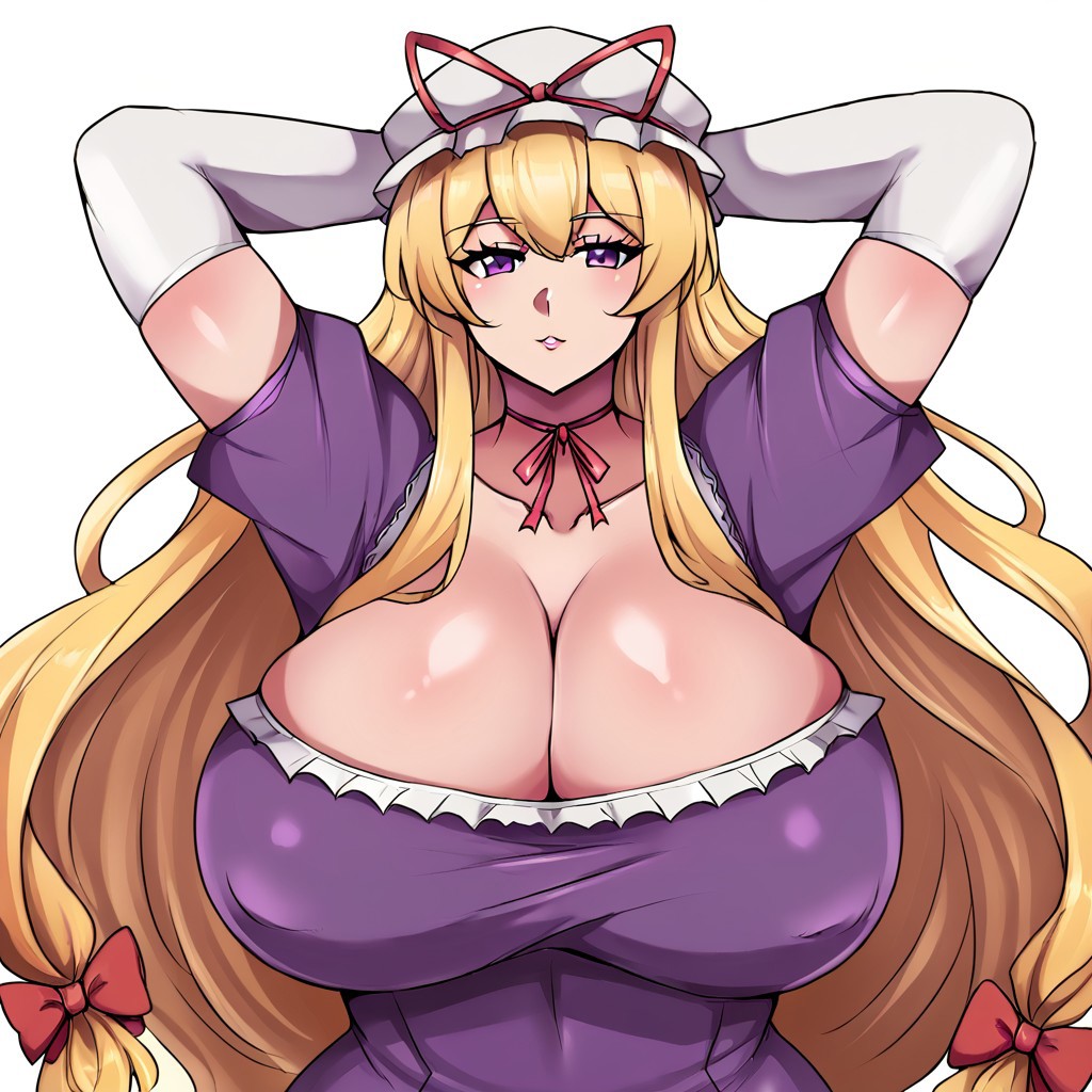 1girls ai_generated arms_behind_head arms_up blonde_hair breasts cleavage elbow_gloves female frilled_dress frills huge_breasts long_hair mob_cap nipple_bulge purple_dress purple_eyes red_ribbon solo touhou white_gloves yakumo_yukari yukari_yakumo