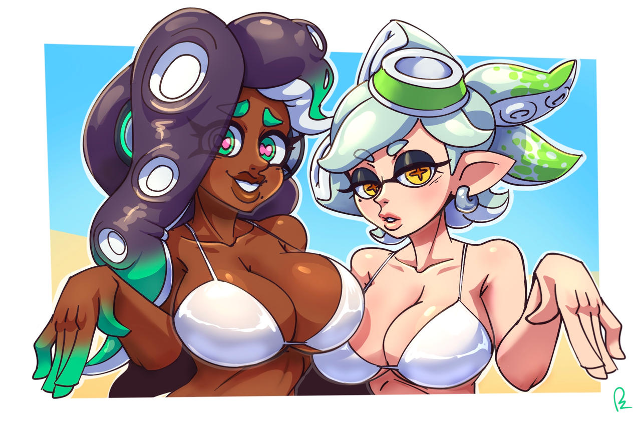 2girls, breasts, female, female only, looking at viewer, marie (splatoon), marina (splatoon), nintendo, professorzolo, splatoon, splatoon (series), splatoon 2, swimsuit
