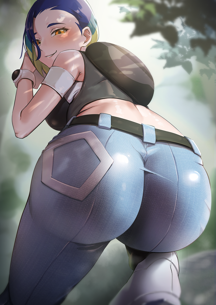 ass ass_focus black_shirt blue_hair blush bob_cut breasts brown_eyes creatures_(company) crop_top denim female game_freak gradient_hair grey_shirt huge_ass jeans kurage444 large_breasts loose_hair_strand midriff multicolored_hair nintendo pants perrin_(pokemon) pokemon pokemon_sv ribbed_shirt shirt sleeveless sleeveless_shirt solo tight_jeans tight_pants undershirt watch wristwatch