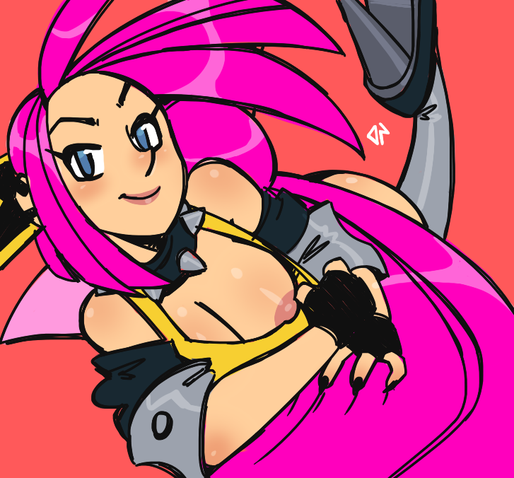 apple_arcade ass blue_eyes breasts cleavage darkpolygon fingerless_gloves heels jacket laying_down looking_at_viewer nip_slip nipple_slip nipples pink_hair presenting rockstar self_upload spidersaurs tank_top victoria wayforward