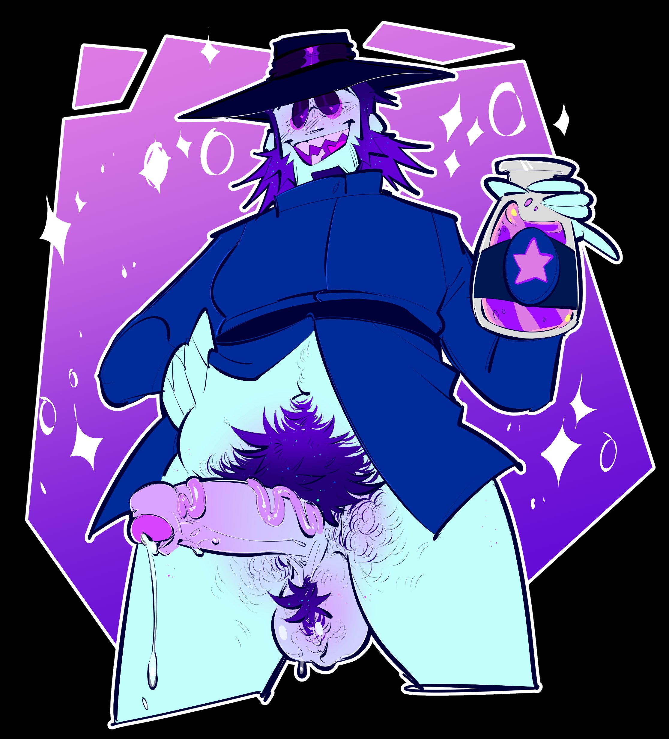 bileshroom, blue body, bushy pubes, dick vein, fanart, foreskin, male, male only, mister qi, mr qi, mr. qi, penis, potion, precum, purple hair, revealing penis, solo male, stardew valley, toony, uncircumcised, veiny penis