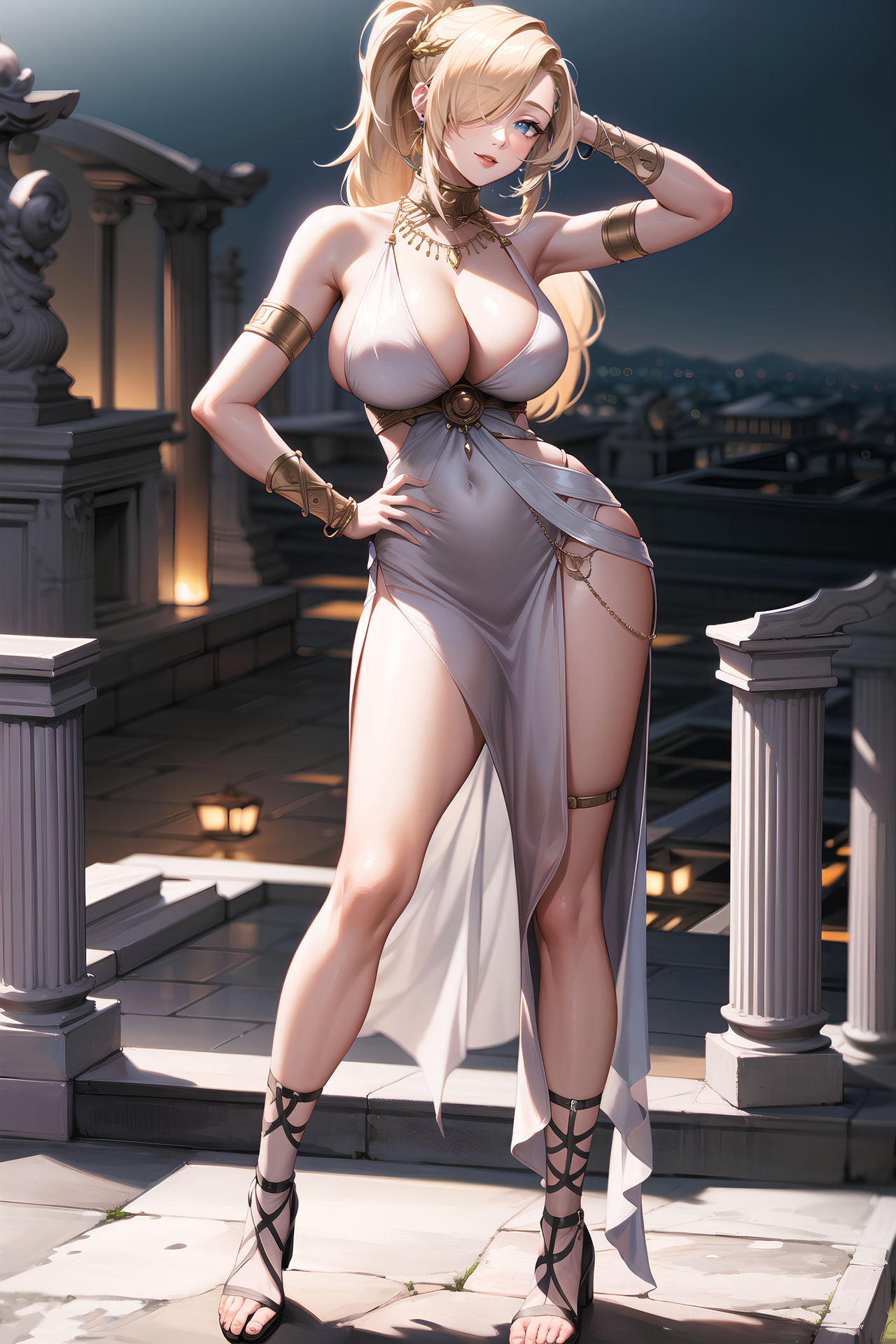 1girls accessories ai_generated aiartmagic blonde_hair blue_eyes bracelet cape cleavage curvaceous curvy curvy_body curvy_female curvy_figure dress earrings footwear full_body gold gold_jewelry greek greek_clothes hair_over_one_eye hands_on_hips headwear ino_yamanaka jewelry laurel_wreath legs_together light-skinned_female light_skin lipstick long_hair long_legs low_ponytail makeup nai_diffusion naked_footwear naruto naruto:_the_last naruto_(series) naruto_shippuden necklace no_bra no_bra_under_clothes no_panties no_panties_under_dress open_toe_shoes pillar pinup ponytail pose posing posing_for_the_viewer revealing_clothes ruins sagging_breasts sandals stable_diffusion toes twin_buns very_long_hair watermark wide_hips