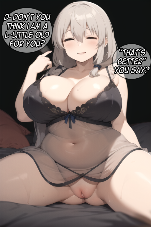 ai_generated bed bedroom big_breasts closed_eyes daidouji_(artist) daidoujipv english_text large_breasts lingerie long_hair milf nightgown no_panties pussy pussy_lips spread_legs text_bubble uzaki-chan_wa_asobitai! uzaki_tsuki wedding_lingerie white_hair