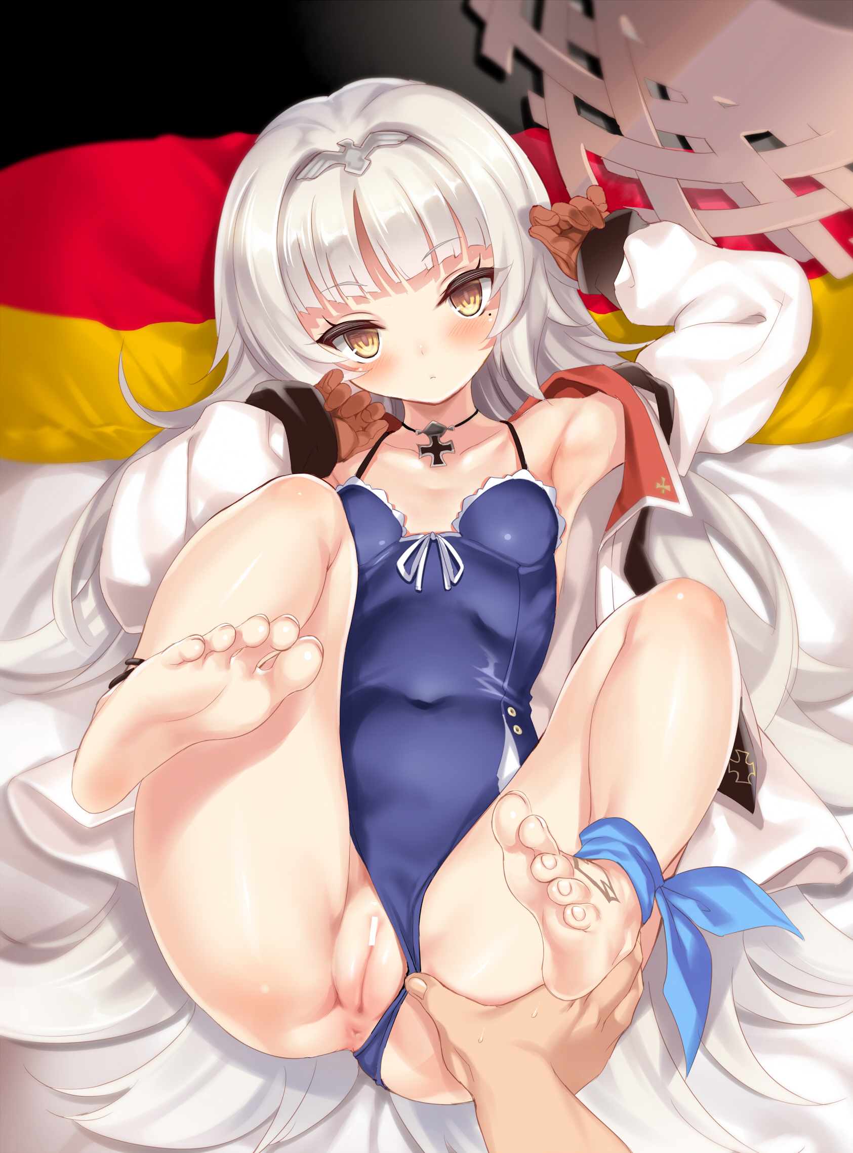 1boy, 1girls, 2019, ankle ribbon, anus, armpits, azur lane, bangs, bare shoulders, barefoot, bed, bed sheet, blue swimsuit, blunt bangs, blush, breasts, brown gloves, cameltoe, casual one-piece swimsuit, censor bar, censored, choker, clavicle, cle masahiro, closed eyes, closed mouth, color, covered navel, duo, eyebrows visible through hair, feet, feet towards viewer, female, foreshortening, full body, german flag, gloves, hat, hat removed, headwear removed, high resolution, highres, indoors, iron cross, jacket, legs, legs up, long hair, looking at viewer, lying, male, mole, mole under eye, no shoes, no socks, on back, on bed, one-piece swimsuit, open clothes, open jacket, pillow, pov feet, pussy, ribbon, shiny, shiny skin, shiny swimsuit, silver hair, small breasts, soles, solo, straw hat, sun hat, swimsuit, swimsuit aside, tattoo, thighs, toenails, toes, vagina, very long hair, viewed from above, white jacket, yellow eyes, z46 (azur lane)