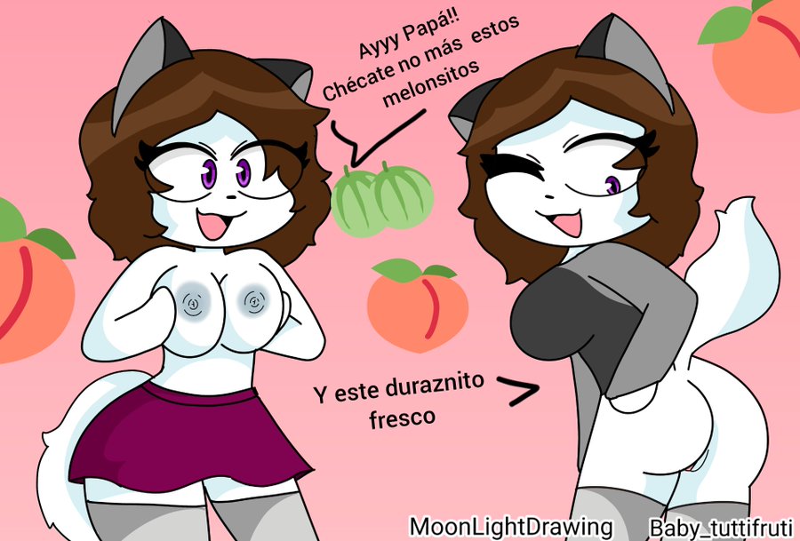 brown_hair cat_ears cat_humanoid cat_tail exposed_ass exposed_breasts hand_on_butt looking_at_viewer melon moonlightdrawinguwu one_eye_closed peach_(fruit) pink_background spanish_text squeezing_breast white_fur