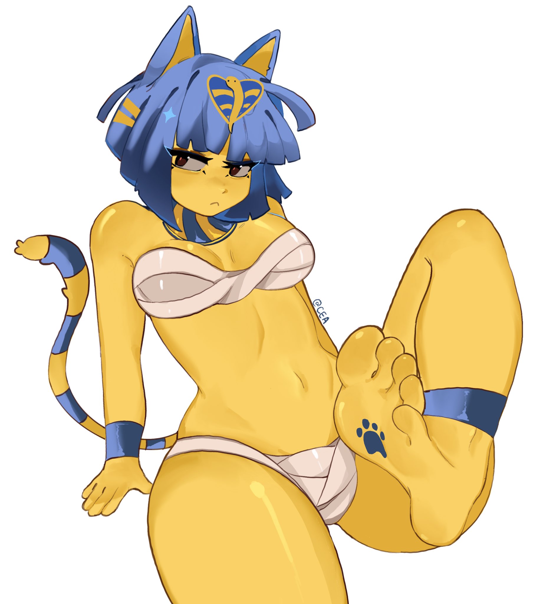 animal crossing, animal ears, animal tail, ankha, ankha (animal crossing), big thighs, big titties, blue hair, breasts, cat ears, cat girl, cat tail, catgirl, clothing, curvaceous, curvaceous female, curvaceous figure, curvy, curvy figure, curvy hips, cyadraws, feet, feet focus, female, female only, foot fetish, fully clothed, furry, furry female, furry only, looking at viewer, yellow fur
