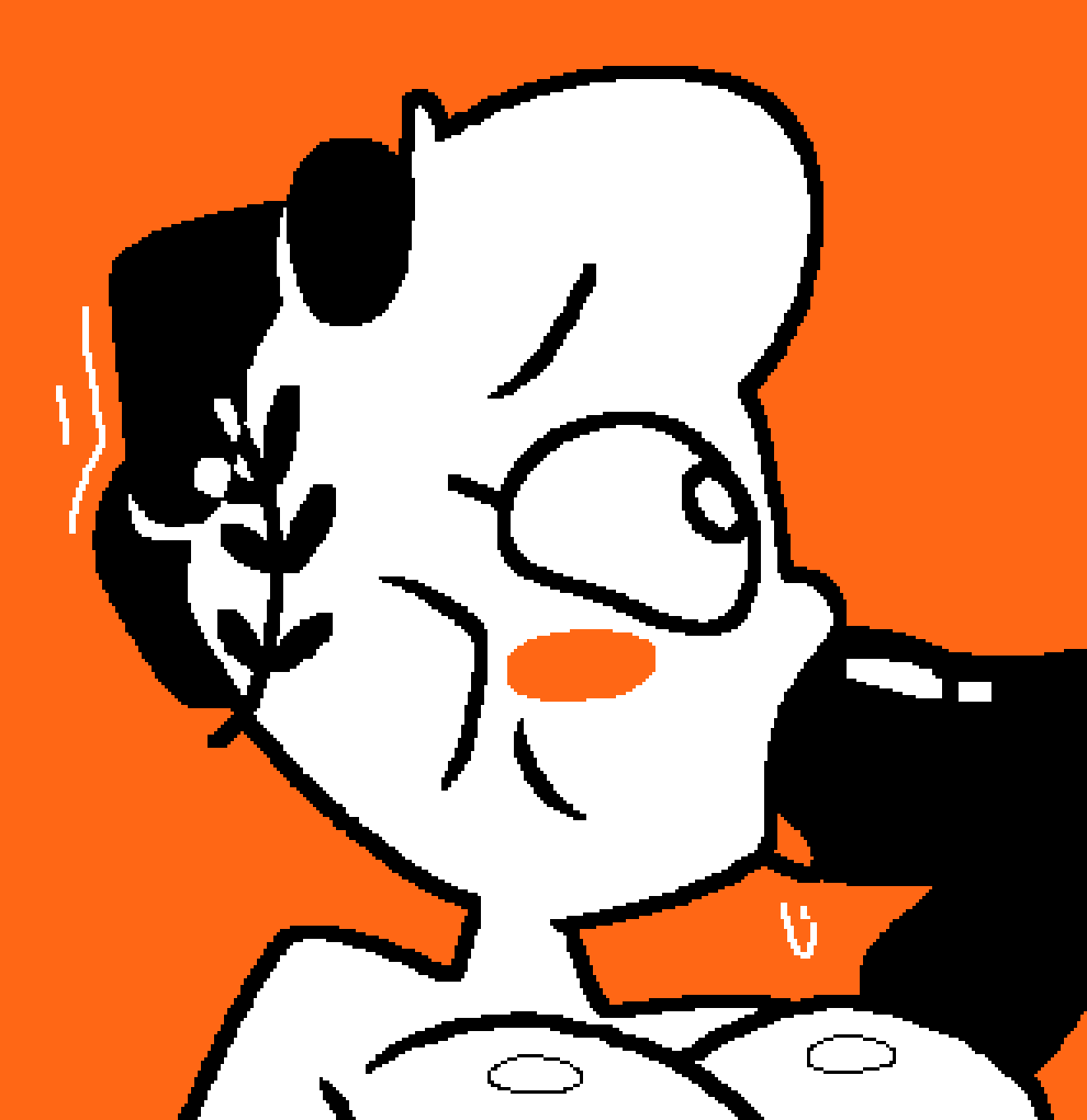 big_breasts black_body blowjob blush eyes_wide_open female hand_on_head jjoyplus little_caesar little_caesars looking_at_another orange_background saliva spit tongue white_body wide_eyed