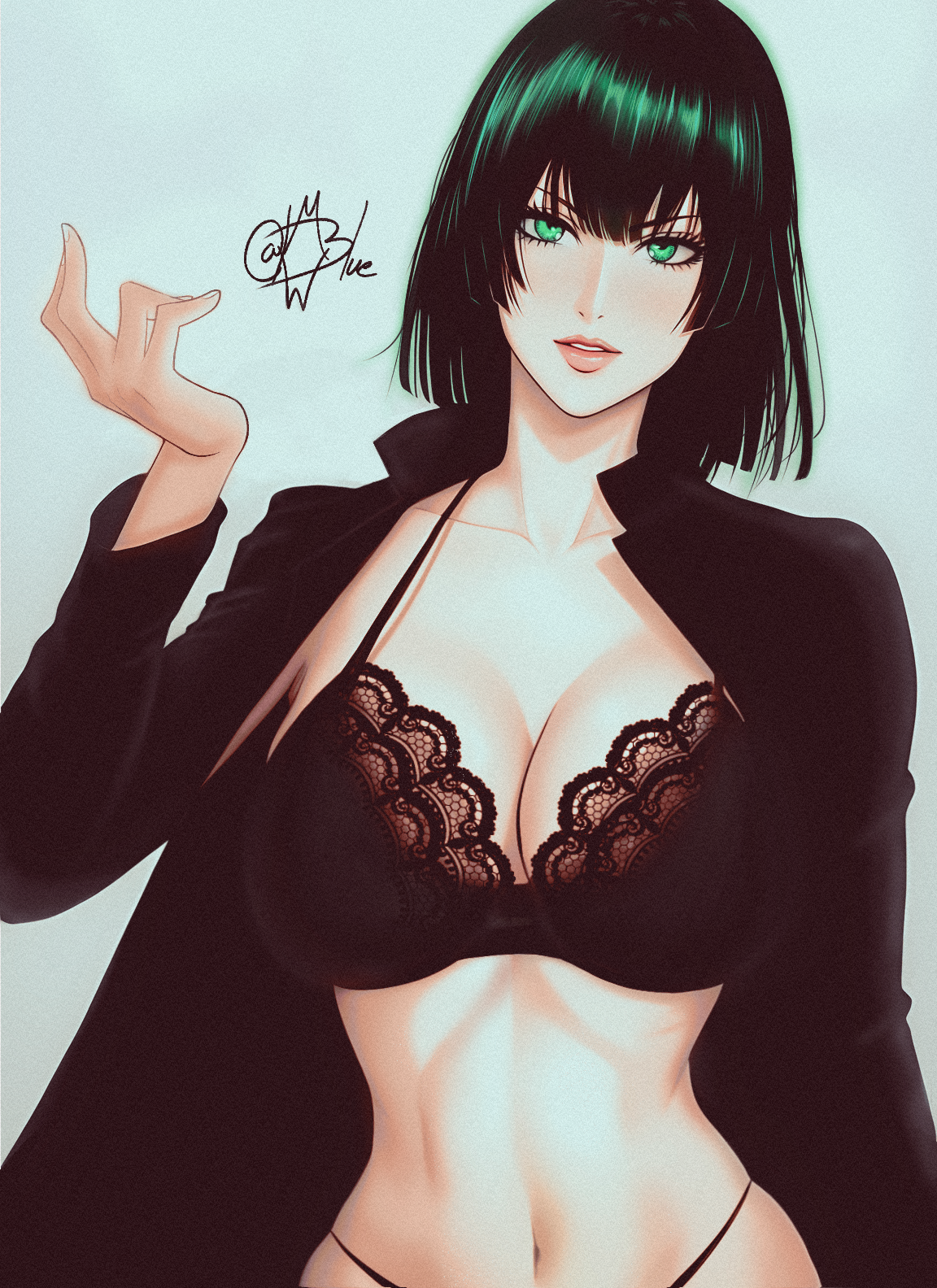 1girls, big breasts, blush, bra, breasts, clothed, clothing, coat, color, female, female focus, female only, fubuki (one-punch man), green eyes, green hair, hi res, human only, lace, lace-trimmed bra, large breasts, light skin, light-skinned female, lingerie, looking at viewer, mostlybluewyatt, navel, one-punch man, short hair, simple background, solo, solo female, tagme, thick thighs