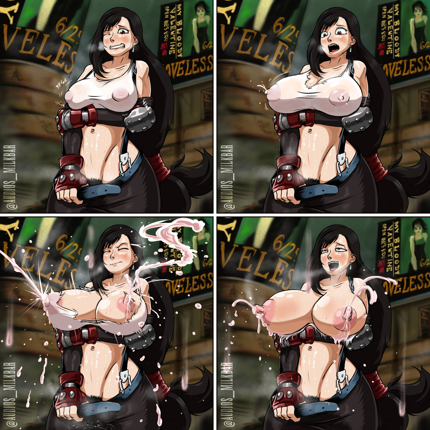 1girls, areolae, auretheaudio, bare midriff, big breasts, breast expansion, breast growth, breast growth (enlargement), breasts, busty, clothing, comic, crop top, erect nipples, erect nipples under clothes, female, female focus, female only, final fantasy, final fantasy vii, hourglass figure, lactating, lactation, lactation through clothes, lactation without expressing, large breasts, medium breasts, miniskirt, nipples, pubes, pubic hair, pubic hair peek, see-through, see-through clothing, skirt, suspenders, tagme, tifa lockhart, torn clothes, trying not to lactate, wide hips