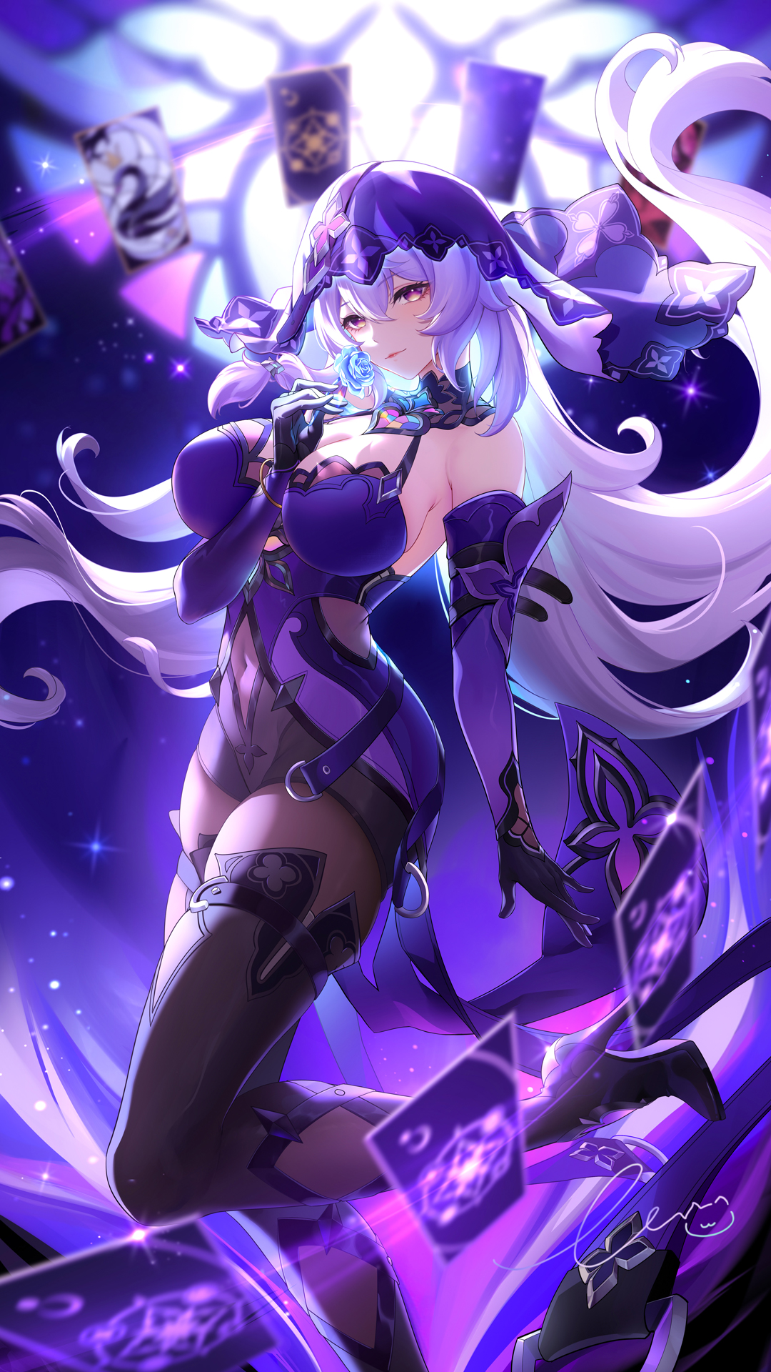 big breasts, black swan (honkai: star rail), breasts, female, honkai: star rail, liu liaoliao, long hair, purple clothing, purple eyes, purple hair