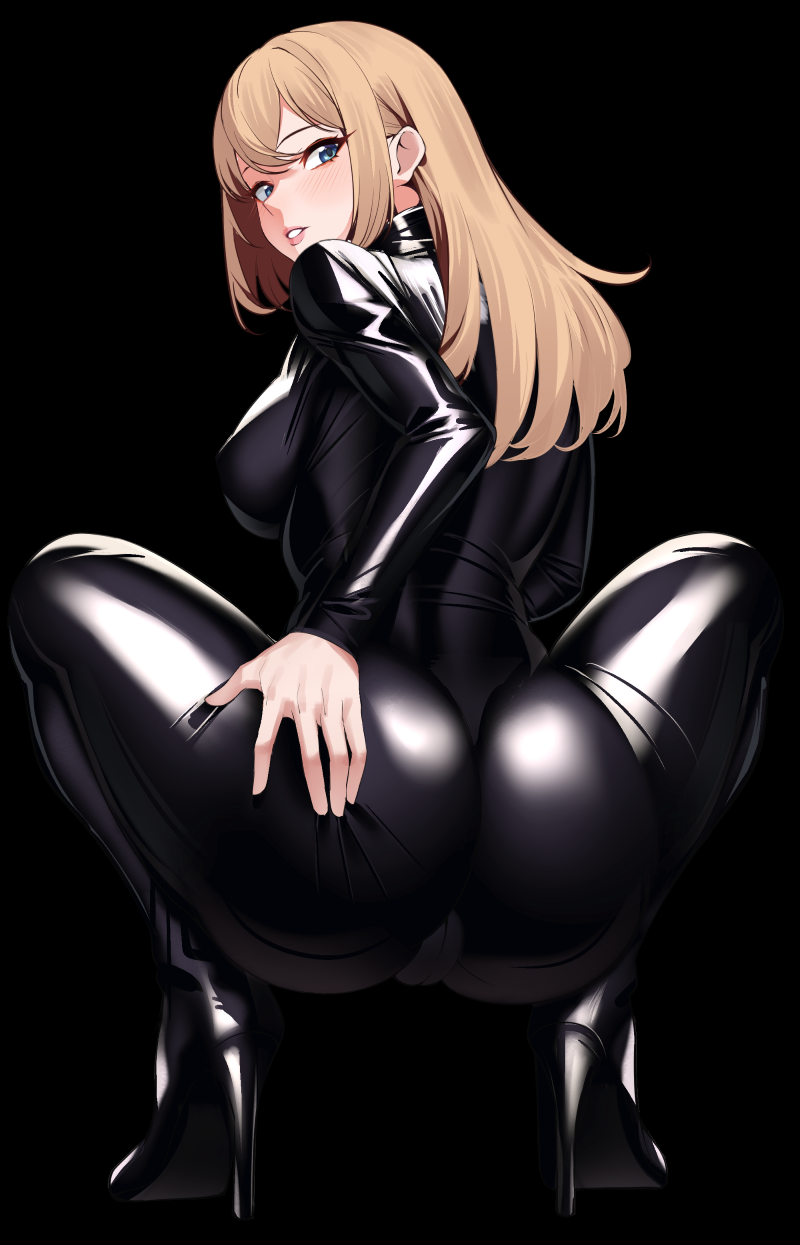 1girls big_ass blonde_hair hand_on_butt hi_res latex latex_bodysuit latex_suit long_hair looking_at_viewer looking_back original solo spread_legs squatting volyz