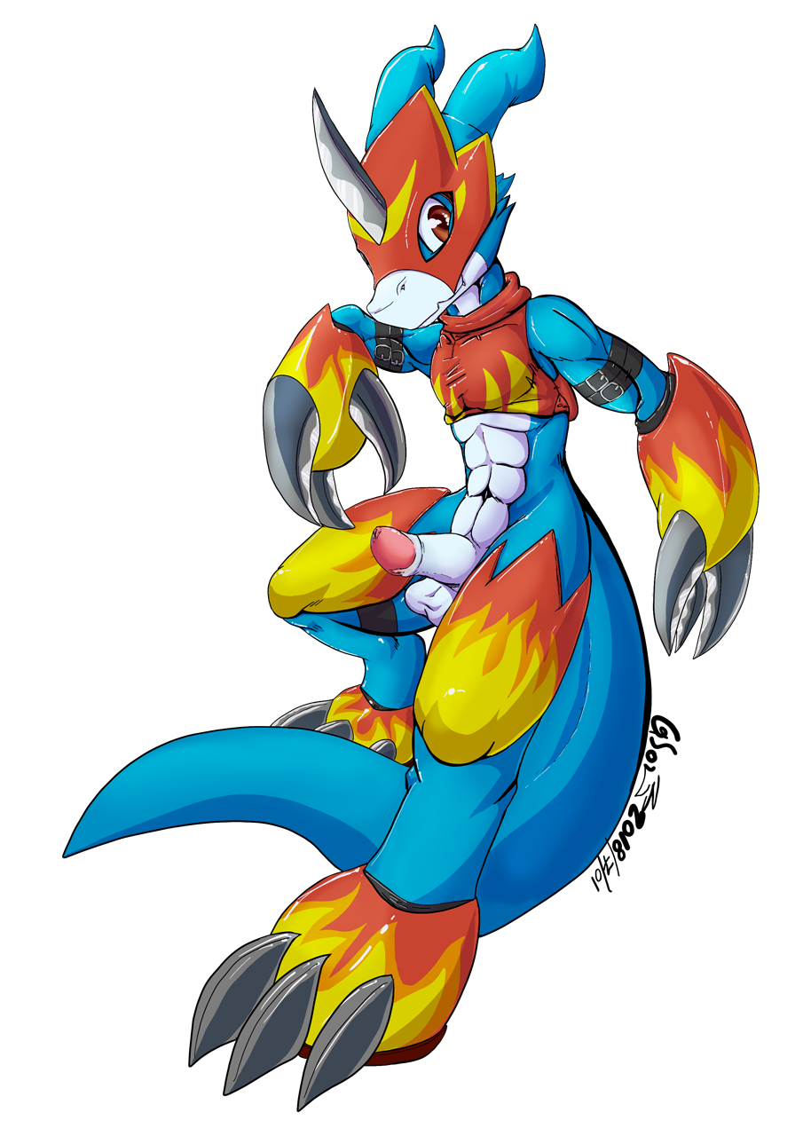 armor balls blue_skin bottomless claws clothed clothing digimon digimon_(species) dragon erection fangs flamedramon gs-fox helmet hi_res horn looking_at_viewer male male_only melee_weapon muscular penis red_eyes scalie simple_background smile solo weapon white_background