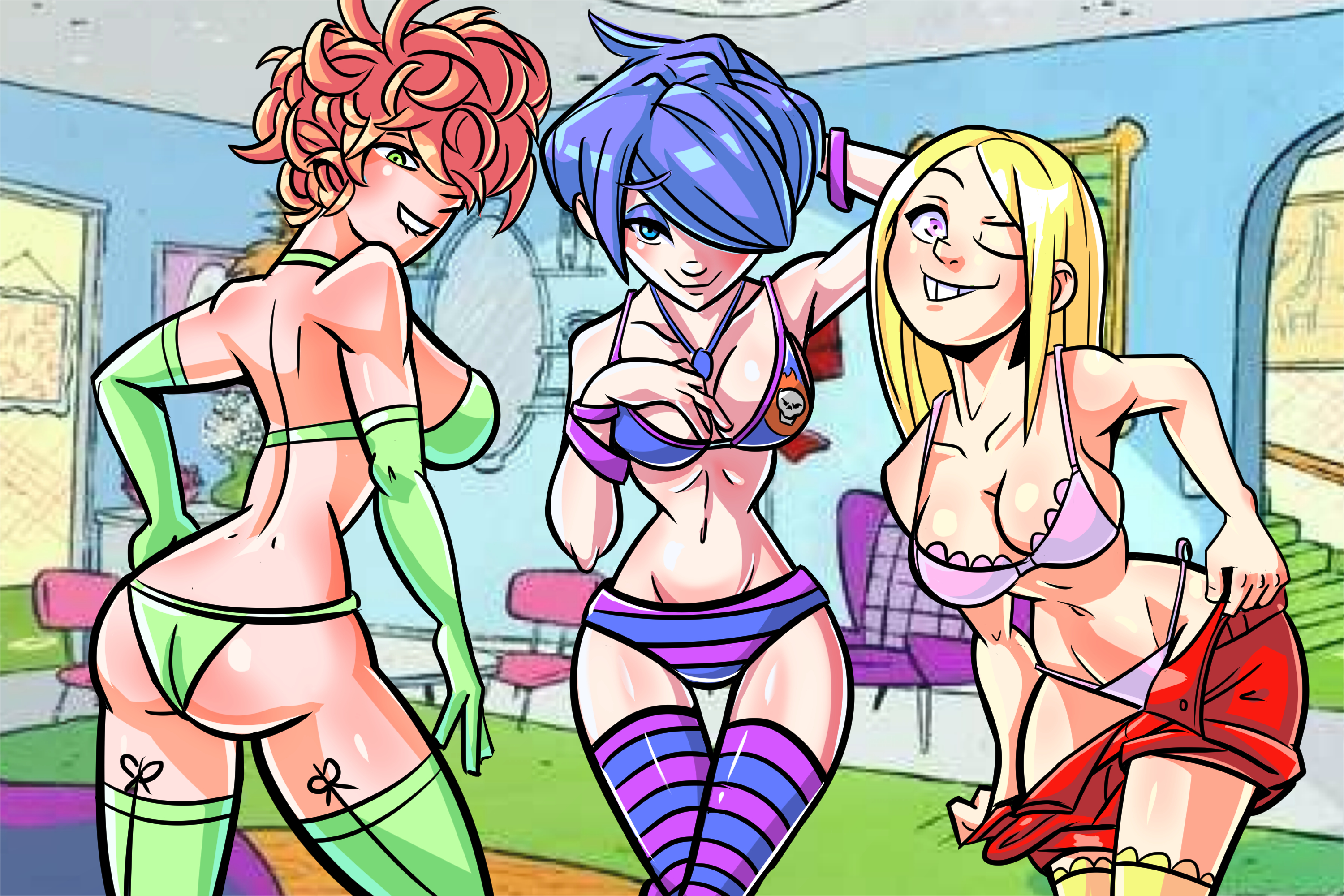 27lsd, 3girls, cartoon network, ed edd n eddy, female, kanker sisters, lee kanker, lingerie, looking at viewer, marie kanker, may kanker, multiple females, senorlemonmg98, sisters, striped legwear, striped panties, take your pick, teasing, undressing, wink