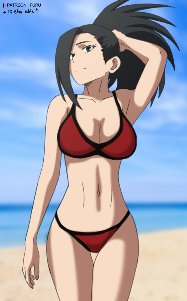 1girls, arm behind head, beach, bikini, black hair, black-haired female, bra, breasts, cleavage, cowboy shot, female, female only, furutaka, human, large breasts, light skin, light-skinned female, long hair, momo yaoyorozu, my hero academia, navel, outdoors, ponytail, red bra, red panties, seaside, solo, thigh gap, toned