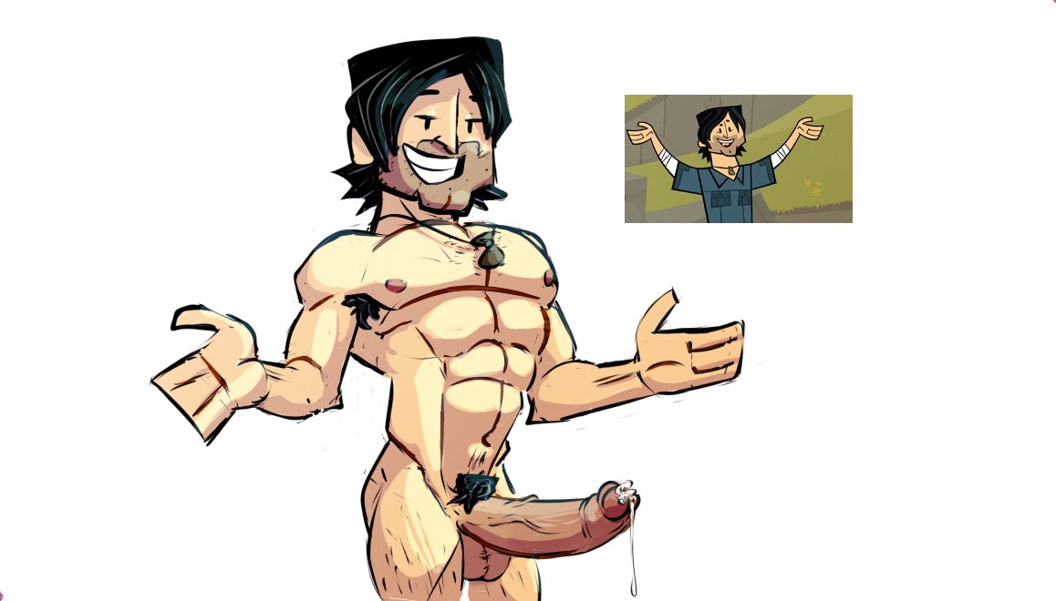 1boy abs black_hair chris_mclean erection male_focus male_only muscle penis presenting_penis sandastrevor smile solo total_drama_island