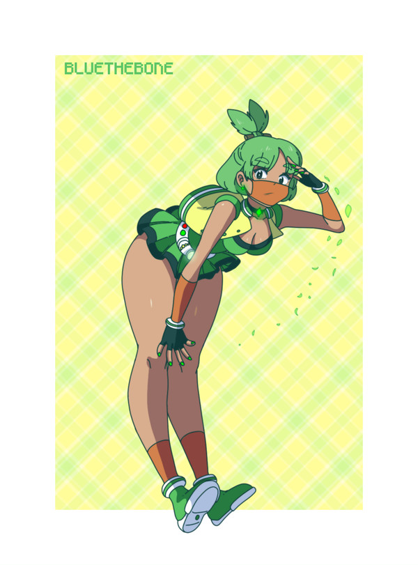 1girls, ass, bare legs, belt, bent over, bluethebone, breasts, choker, cleavage, clothed, dark skin, dark-skinned female, eye contact, face mask, female, female only, gloves, green eyes, green hair, green nails, grookey, humanized, jacket, large ass, looking at viewer, miniskirt, nail polish, nintendo, pokemon, pokemon ss, shirt, shoes, short hair, skirt, standing, text, thick thighs, thighs, topknot, watermark, white border, wide hips, yellow background