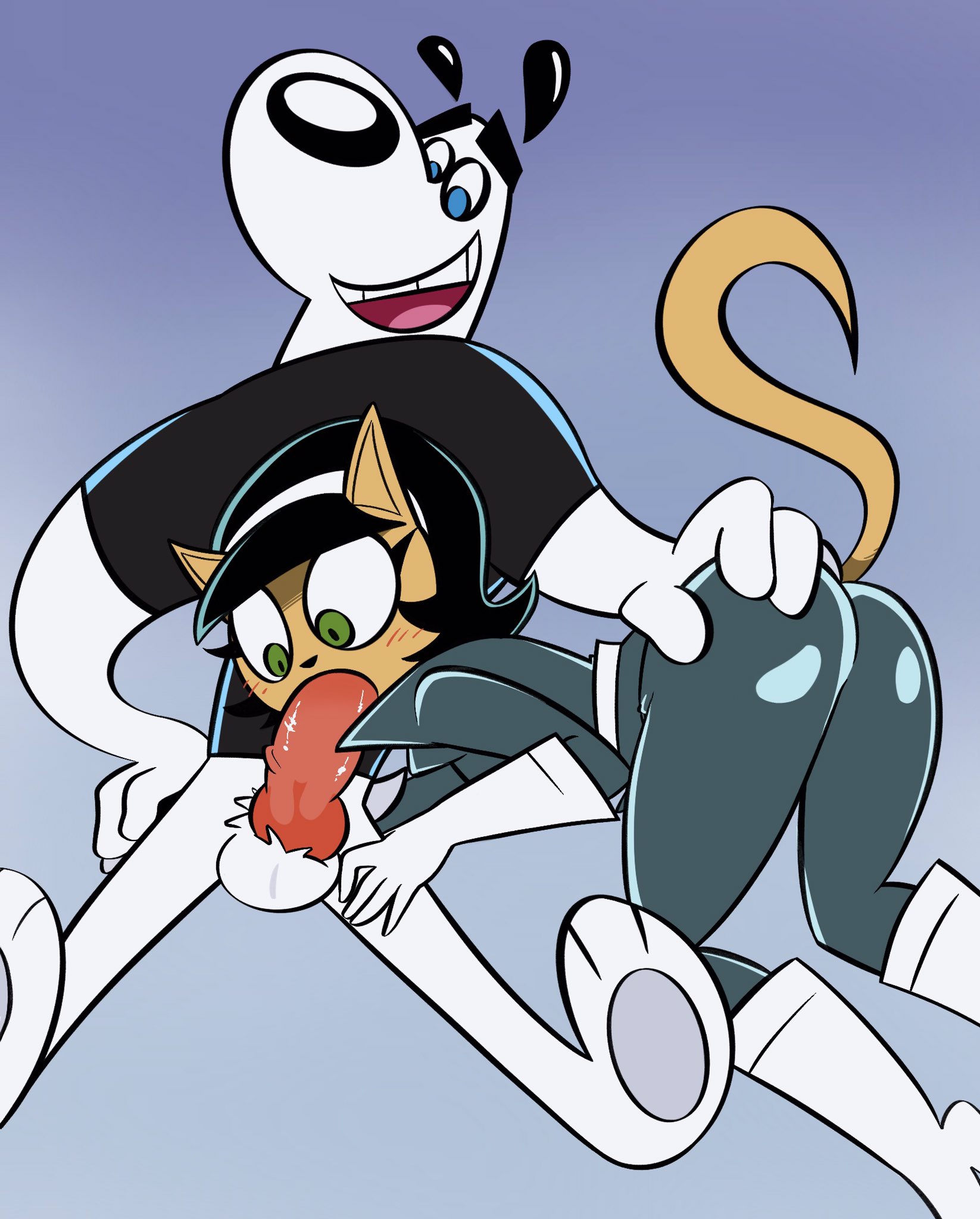 1boy, 1girls, animal ears, animal genitalia, animal humanoid, animal penis, anthro, ass, ass grab, balls, black hair, fellatio, female, fur, furry, green eyes, joshin, kitty katswell, male, nickelodeon, oral, penis, t.u.f.f. puppy, tagme, tail, white fur