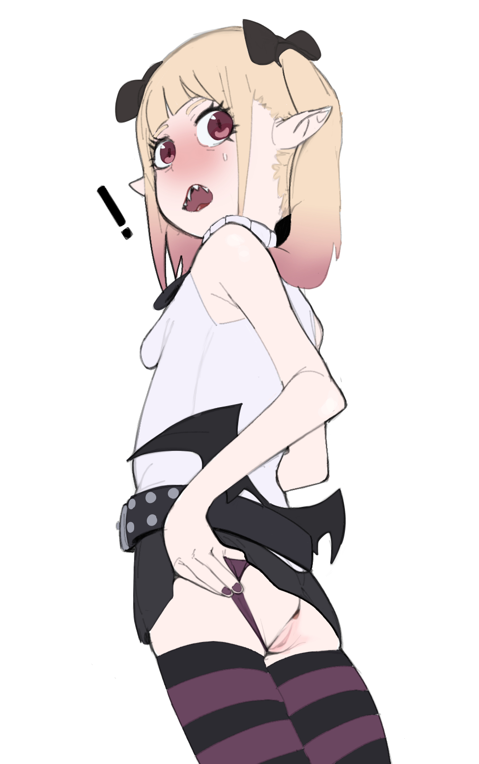 anus, bikini, clothes lift, female, grapeforwine, hime-sama "goumon" no jikan desu, panties aside, pointy ears, pussy, sharp teeth, shy, skirt, skirt lift, striped legwear, striped thighhighs, swimsuit, thighhighs, thighs, vampire, vanilla peschutz, white background