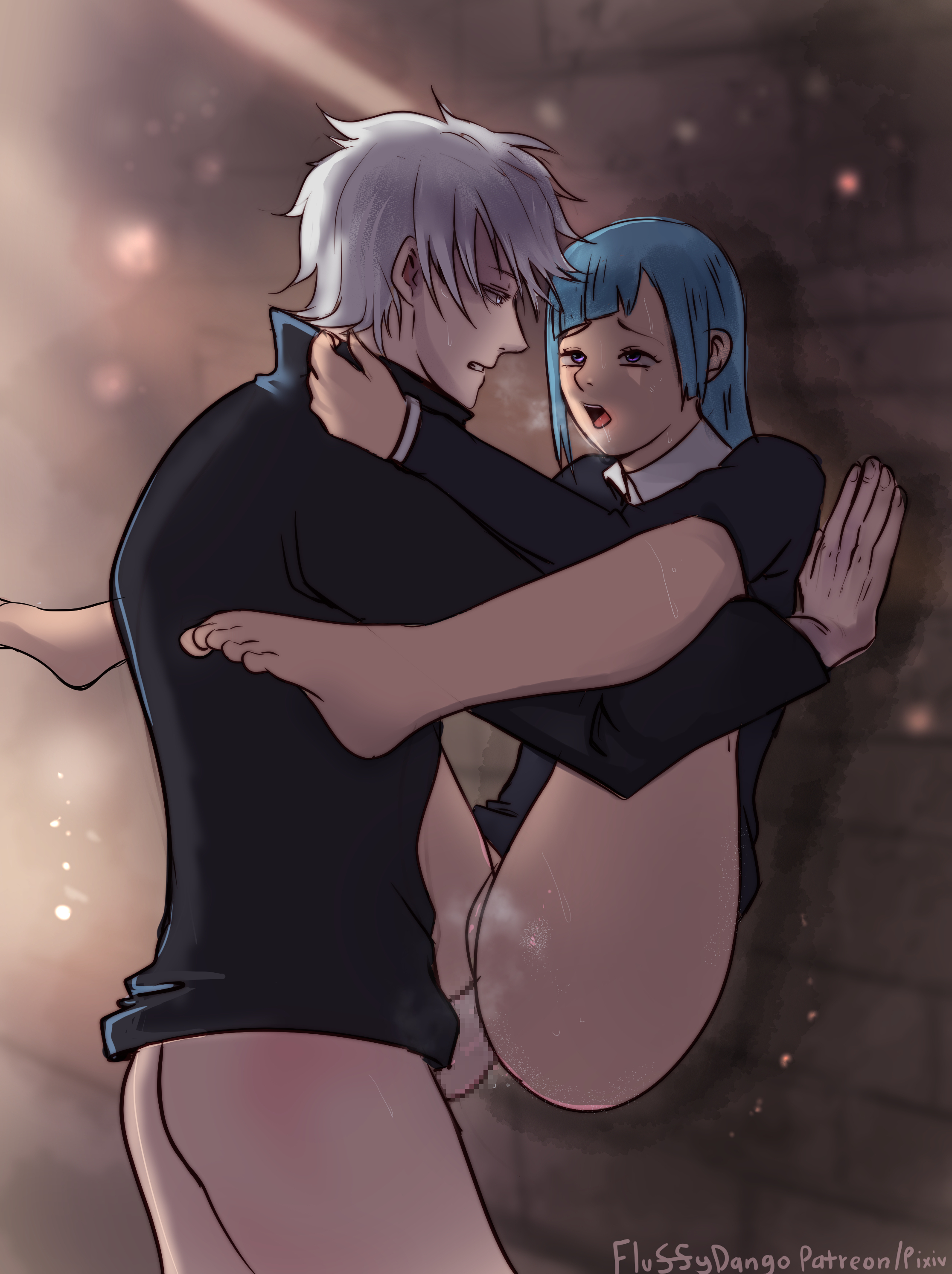 1boy, 1girls, against wall, anal, barefoot, blue hair, blue-haired female, censored, clothed sex, feet, female, fluffydango, jujutsu kaisen, kasumi miwa, male, male/female, moaning, mosaic censoring, partially clothed, penis, satoru gojo, sex, stand and carry position, straight, white hair, white-haired male