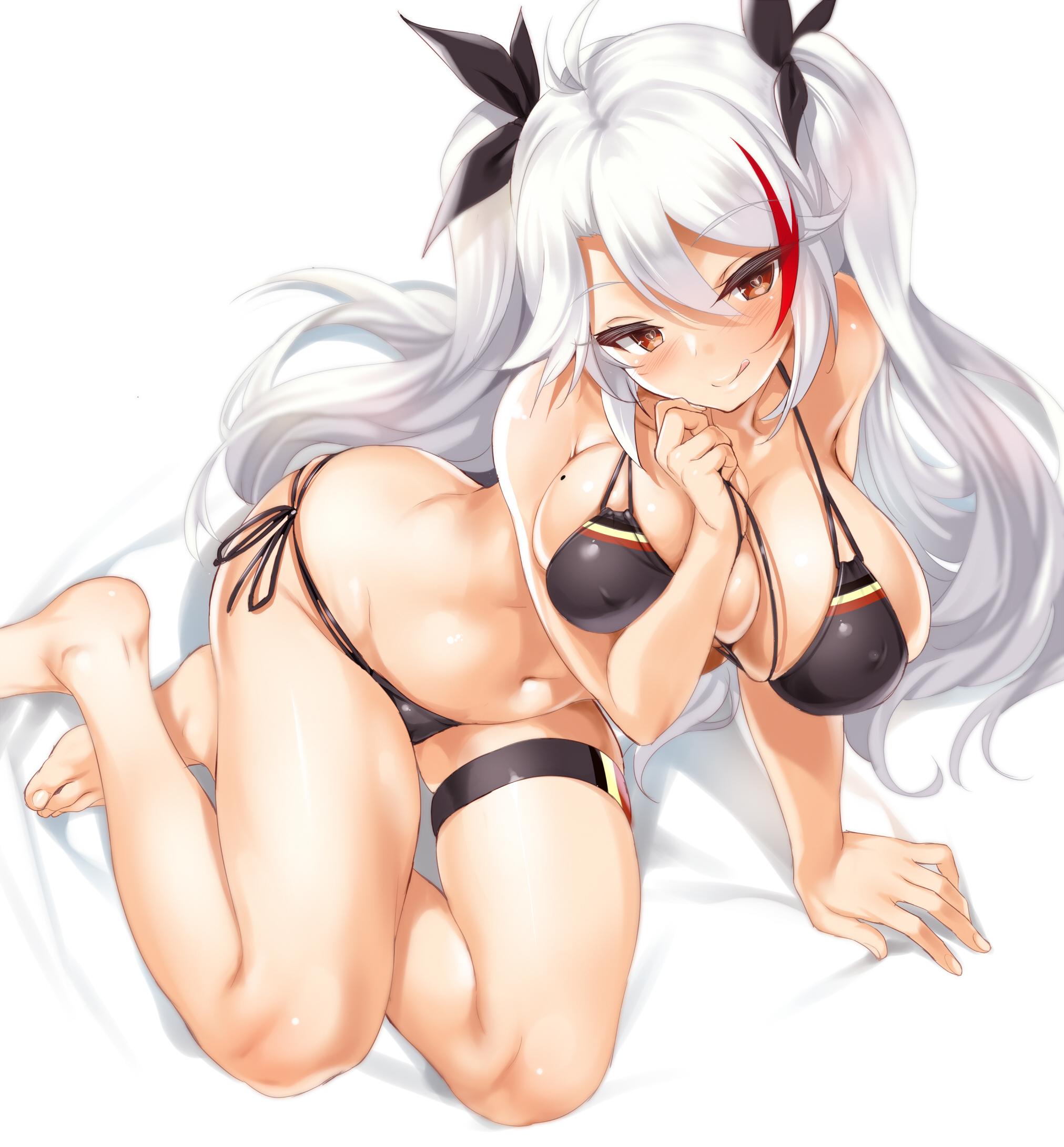 1girls, 2019, azur lane, bikini, breasts, cle masahiro, feet, female, hair ornament, high resolution, highres, large breasts, long hair, multicolored hair, pale skin, prinz eugen (azur lane), solo, thigh strap, two piece swimsuit, white background, white hair