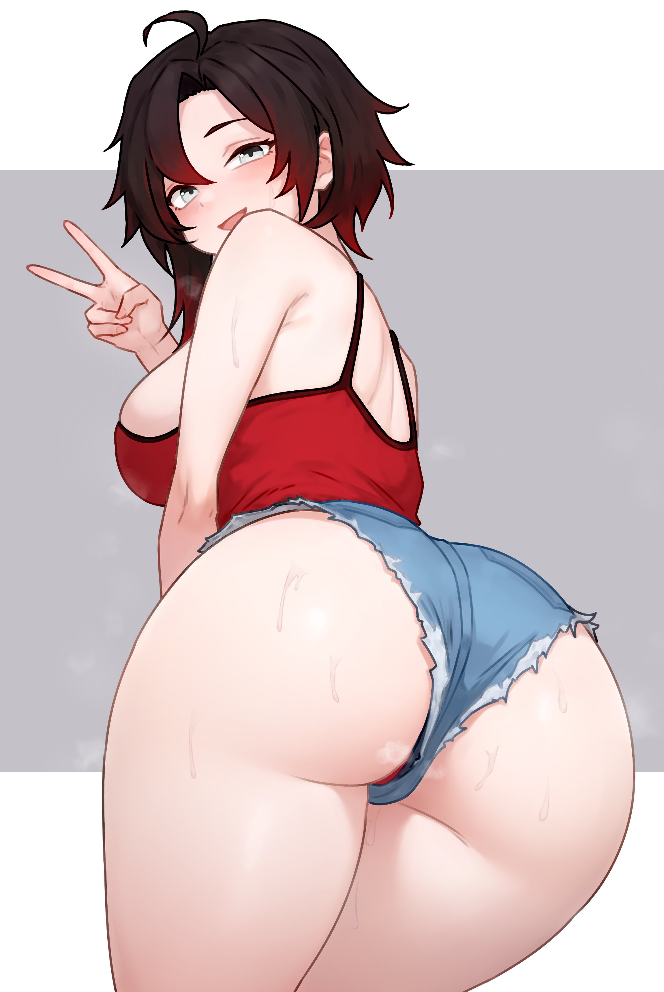 1girls, ass, ass focus, ass hanging out of shorts, big breasts, bluefield, booty shorts, breasts, bubble ass, bubble butt, female, female only, hi res, huge ass, large breasts, light skin, light-skinned female, perfect legs, red hair, ruby rose, rwby, short hair, short shorts, shorts, smile, solo, sweat, tank top, thick thighs, thighs, thighs together