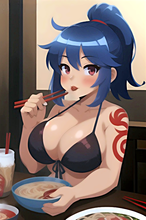 1girls ai_generated big_breasts bikini_top blue_eyes breasts chopsticks eating eating_food female female_only jfxjxf looking_at_viewer ponytail ramen red_eyes red_lipstick restaurant tattoo tattoo_on_arm