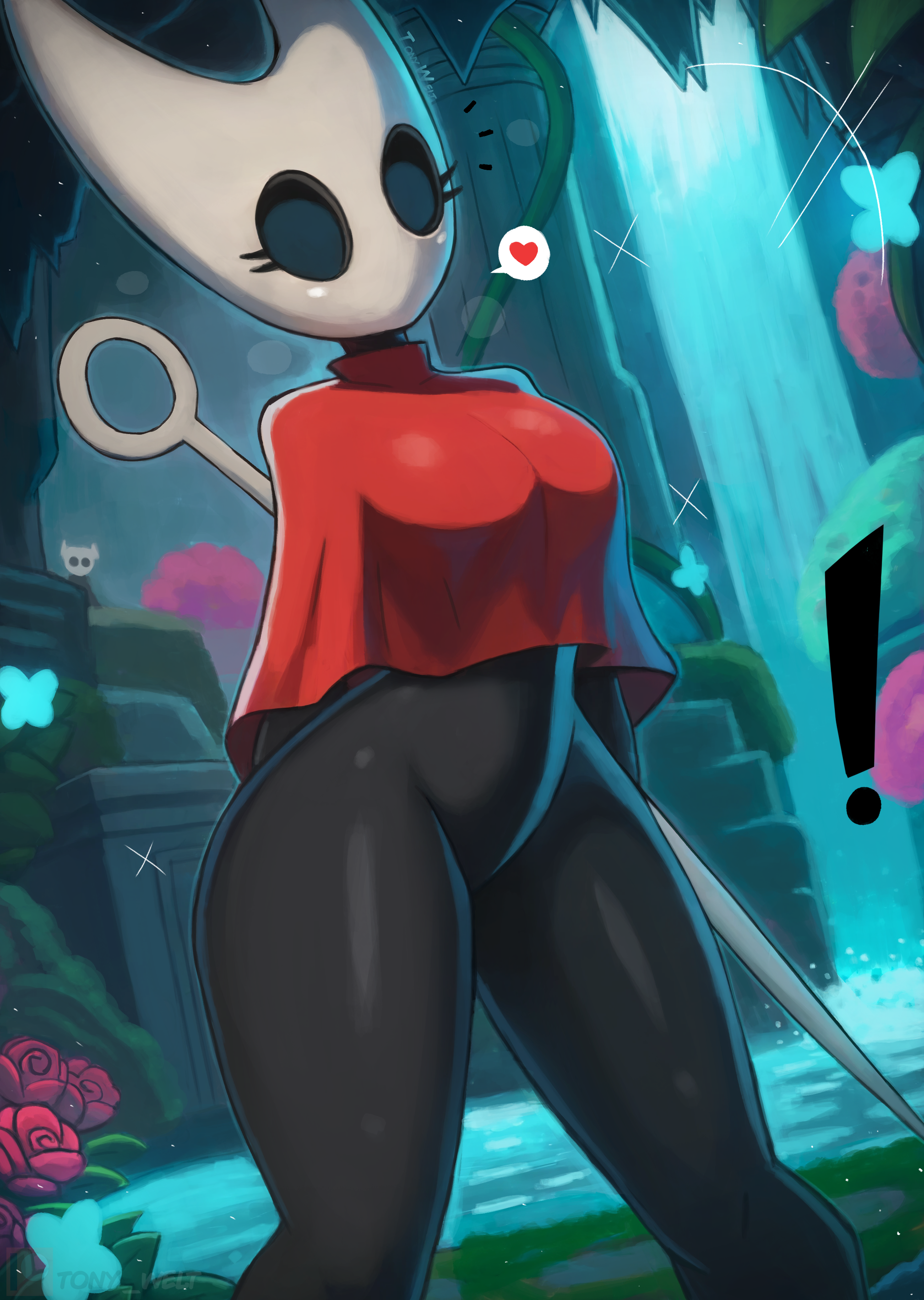 !, 1girls, anthro, arthropod, background character, big breasts, black body, black eyes, black skin, bodysuit, breasts, cloak, cloak only, clothing, exclamation point, female, female focus, female only, hips, hollow knight, hornet (hollow knight), png, red cloak, solo focus, sparkles, speech bubble, spoken heart, thick thighs, thighs, tony welt, weapon, wide hips