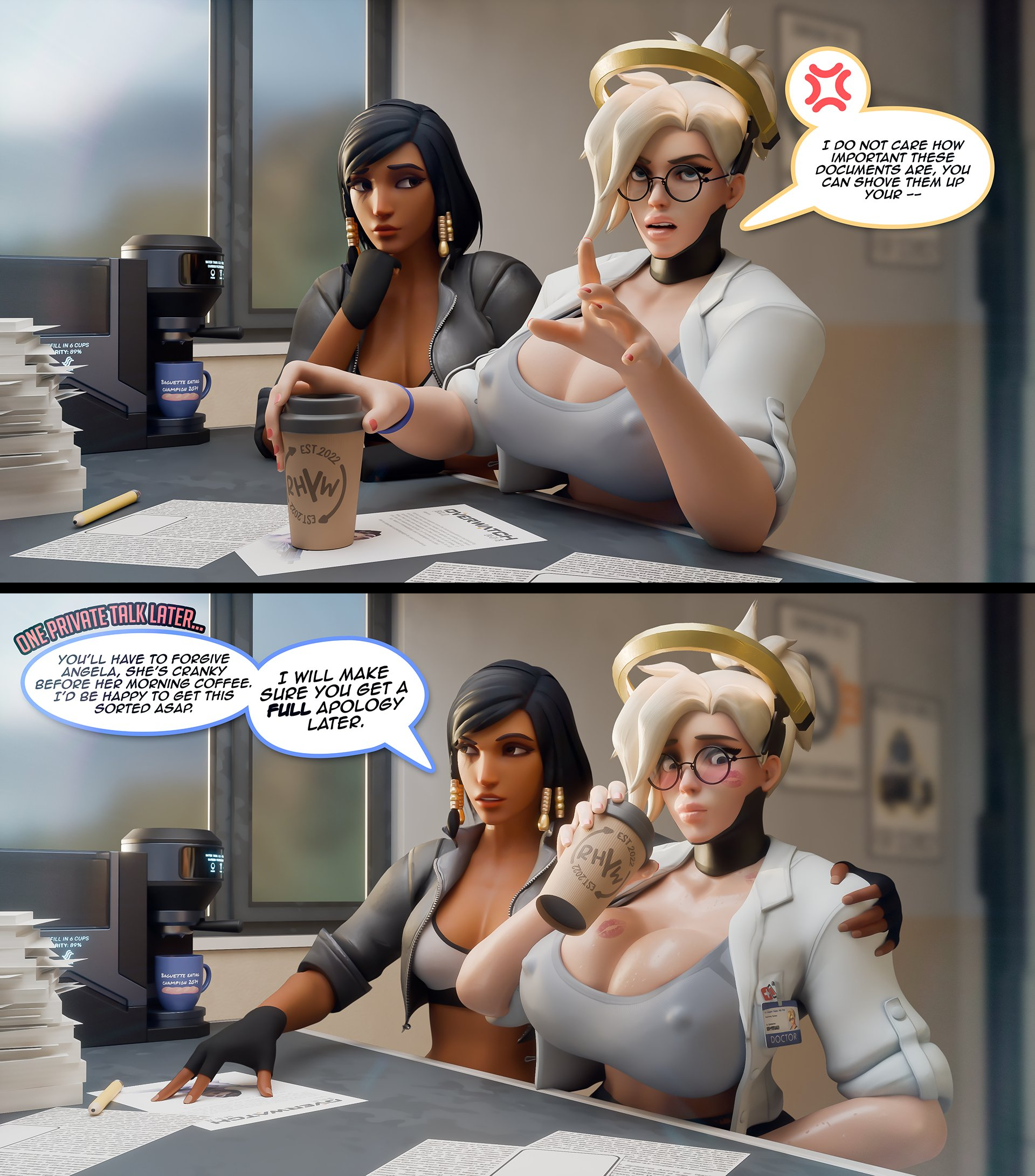 2girls, 2koma, 3d, 3d (artwork), angela ziegler, assertive female, bitchy, black hair, blonde hair, blue eyes, blush, breasts, brown eyes, casual, cleavage, coffee, coffee cup, couple, couple (romantic), covered nipples, cropped jacket, dark skin, dark-skinned female, english text, eyeliner, eyeshadow, glasses, huge breasts, interracial, interracial yuri, labcoat, large breasts, light skin, light-skinned female, lipstick mark, lipstick mark on breast, lipstick mark on face, lipstick on breast, makeup, mechanical halo, medium breasts, mercy, open labcoat, overwatch, overwatch 2, pharah, rhywlad, short ponytail, speech bubble, sports bra, stitched, talking to viewer, text, yuri