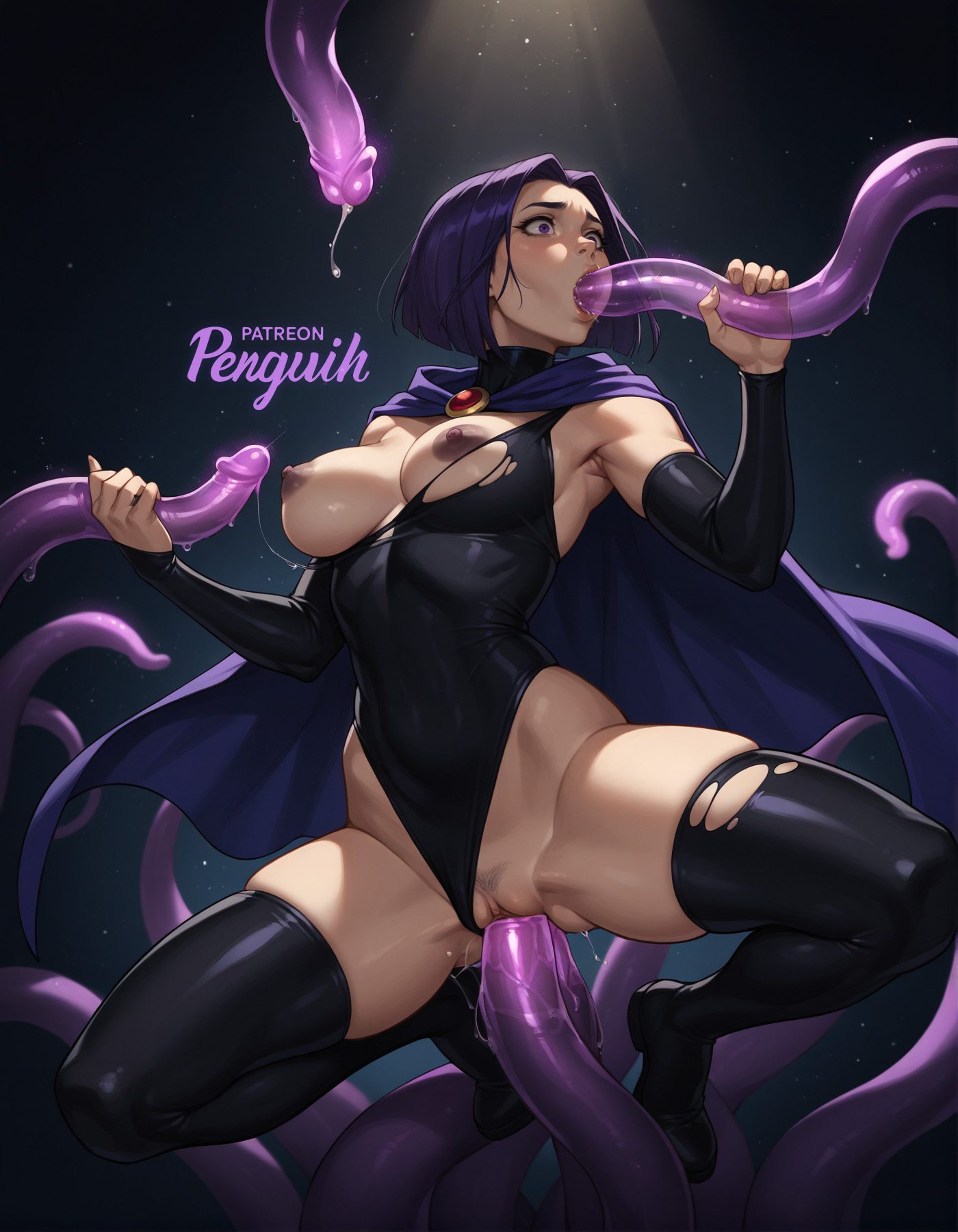 1girls, ai generated, black leotard, bodysuit, breasts, breasts out, dark nipples, dc, dc comics, fellatio, female, grey skin, hairy pussy, leotard, nipples, oral, penetration, penguih, purple eyes, purple hair, pussy, raven (dc), ripped clothing, shocked, short hair, solo, spread legs, stockings, suspended, suspension, teen titans, tentacle, tentacle in mouth, tentacle in pussy, tentacle rape, tentacle sex, torn clothes, vagina, vaginal penetration