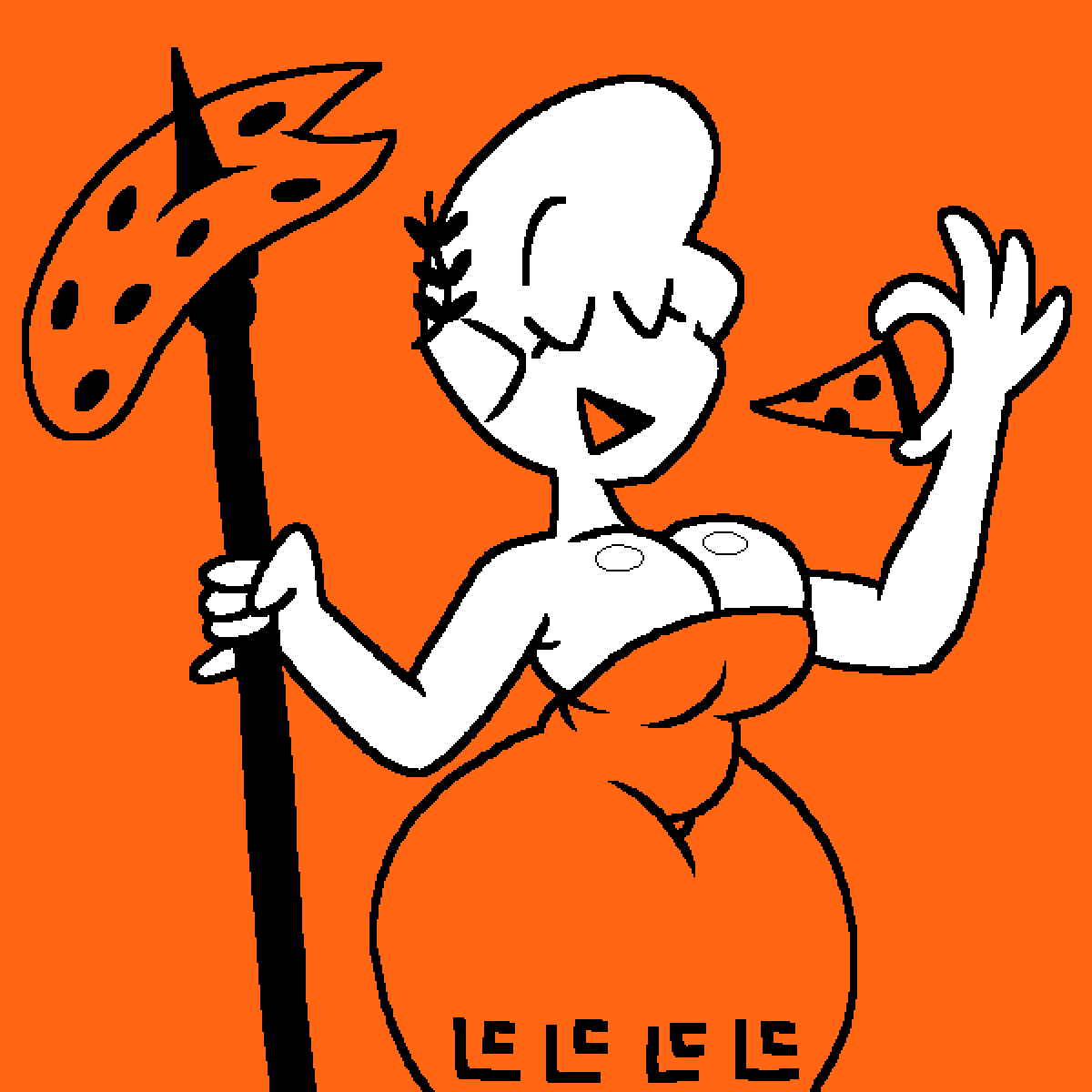 breasts closed_eyes dress eating_pizza jjoyplus little_caesar little_caesars orange_background pizza spear white_body