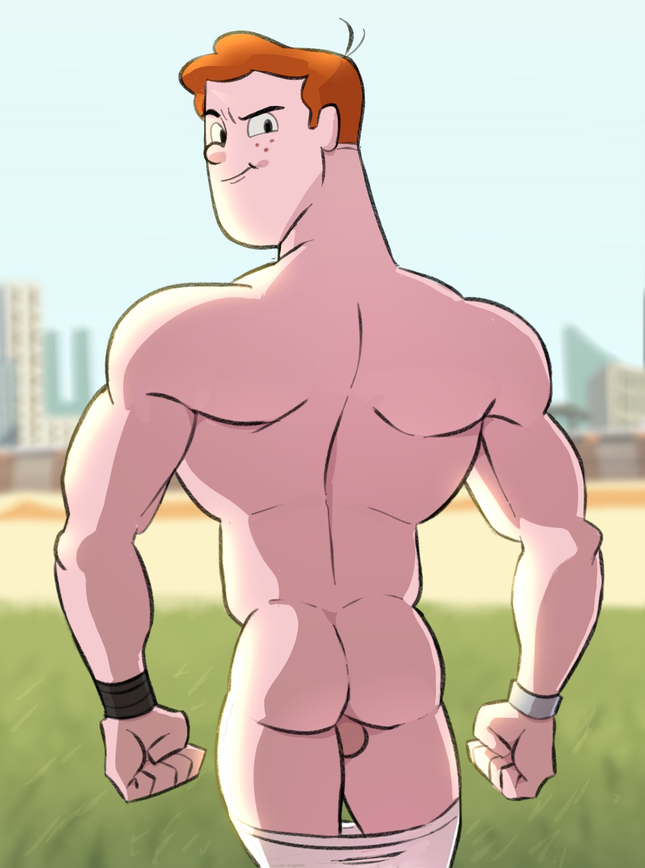 1boy ass looking_back male_focus male_only muscular nude outdoors red_hair sandastrevor solo steve_(sym-bionic_titan) steve_stevens sym-bionic_titan testicles undressing