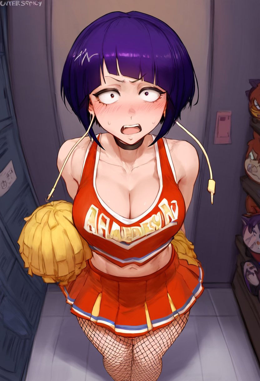1girls, ai generated, alternate breast size, big breasts, blush, boku no hero academia, breasts, cheerleader, cheerleader outfit, cheerleader uniform, cleavage, female, female only, fishnet, fishnet legwear, fishnets, high resolution, highres, jirou kyouka, kyoka jiro, looking at viewer, massive breasts, my hero academia, purple hair, school uniform, schoolgirl, short hair, short skirt, skirt, solo