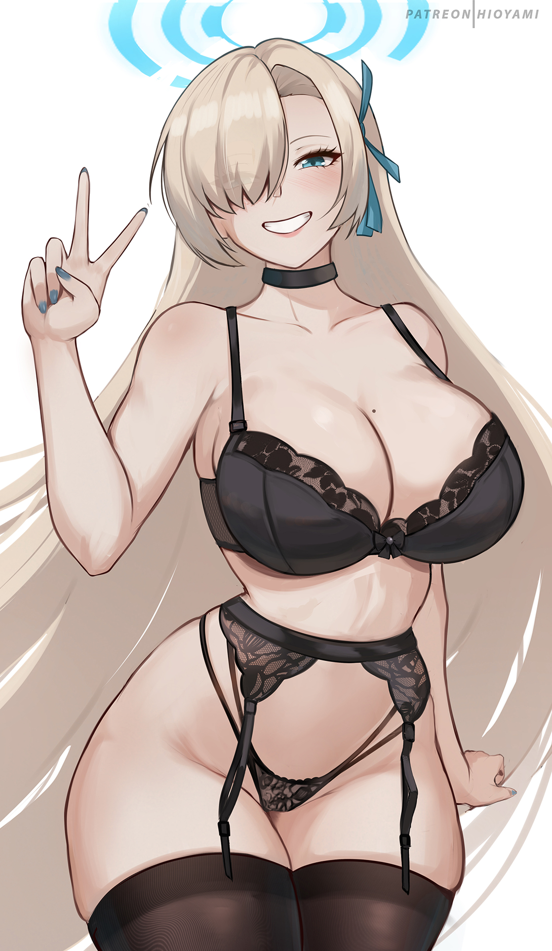 1girls, asuna (blue archive), blonde hair, blue archive, blue eyes, breasts, choker, cleaning & clearing (blue archive), female, hair over one eye, halo, hi res, hioyami, hips, huge breasts, light skin, light-skinned female, lingerie, long hair, millennium science school student, naughty face, peace sign, smile, stockings, thick thighs, thighs, wide hips
