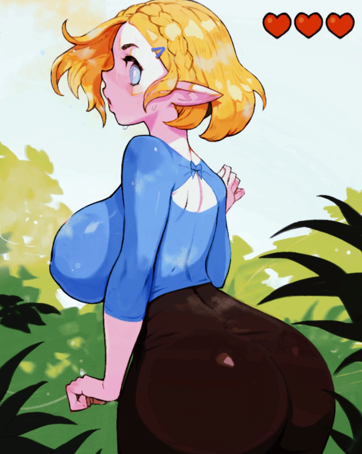 blonde_hair blue_eyes female hibaneim large_ass large_breasts long_ears looking_back nintendo outdoors pants plant pointy_ears princess_zelda shirt tears_of_the_kingdom the_legend_of_zelda tree trees zelda_(tears_of_the_kingdom)