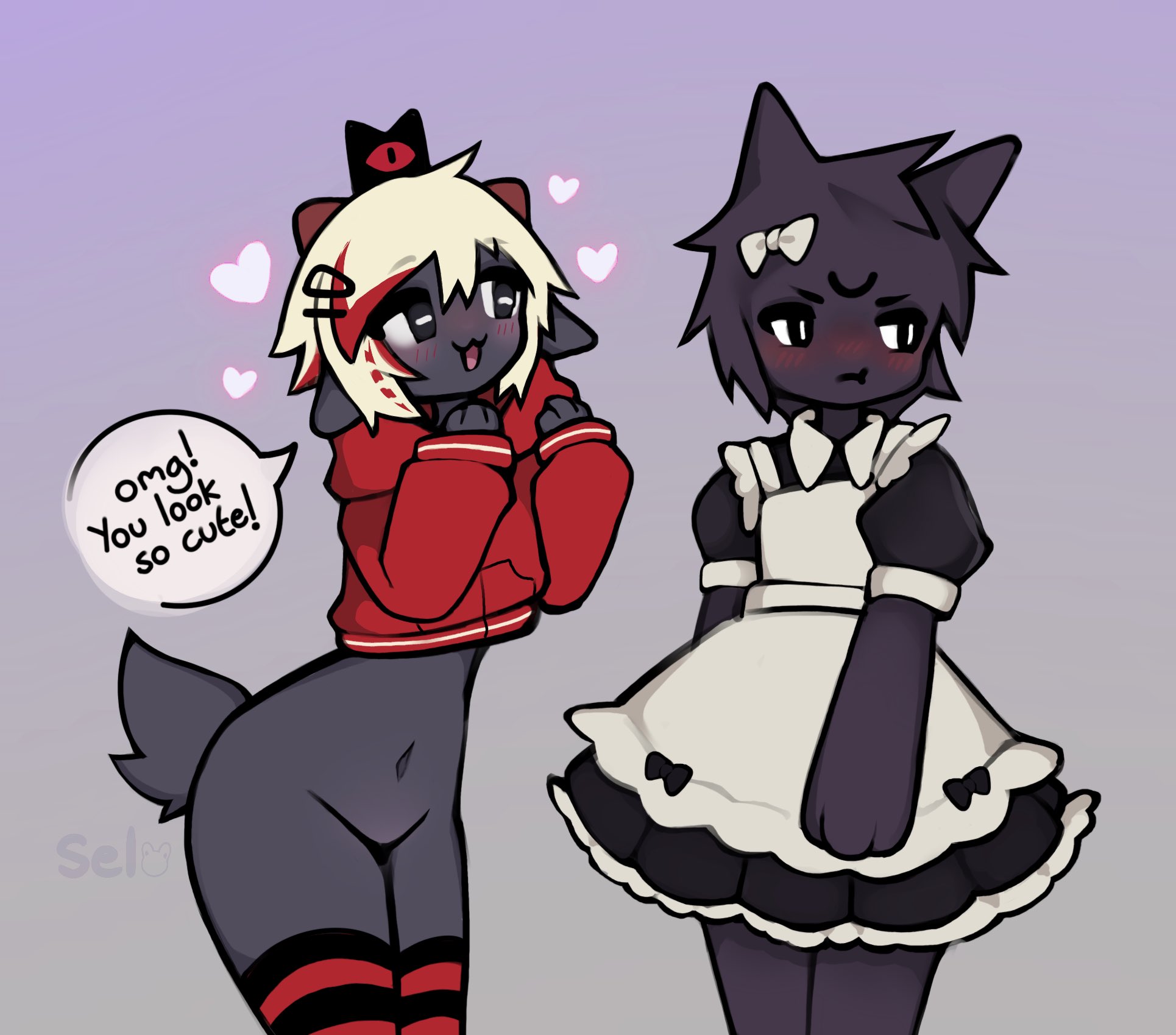 1boy, 1girls, 3 eyes, anthro, ass, blush, bottomless, bow ribbon, cat ears, crossdressing, cult of the lamb, cute, dialogue, embarrassed, english text, ewe, feline, female, femboy, furry, grey fur, heart, lamb (cult of the lamb), maid, maid outfit, maid uniform, male, multi eye, narinder, navel, one eye closed, petite, red crown (cult of the lamb), round ass, selcian bun, sheep, slim waist, stockings, text, the one who waits, thighhighs
