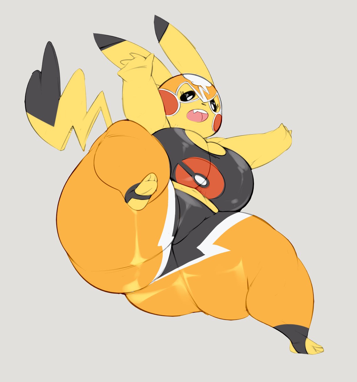 anthro, ass, below view, big breasts, breasts, bulumble-bee, chubby, cosplay pikachu, female, huge ass, huge breasts, nintendo, pikachu, pikachu libre, pokémon (species), pokemon, pokemon (species), tagme, thick thighs