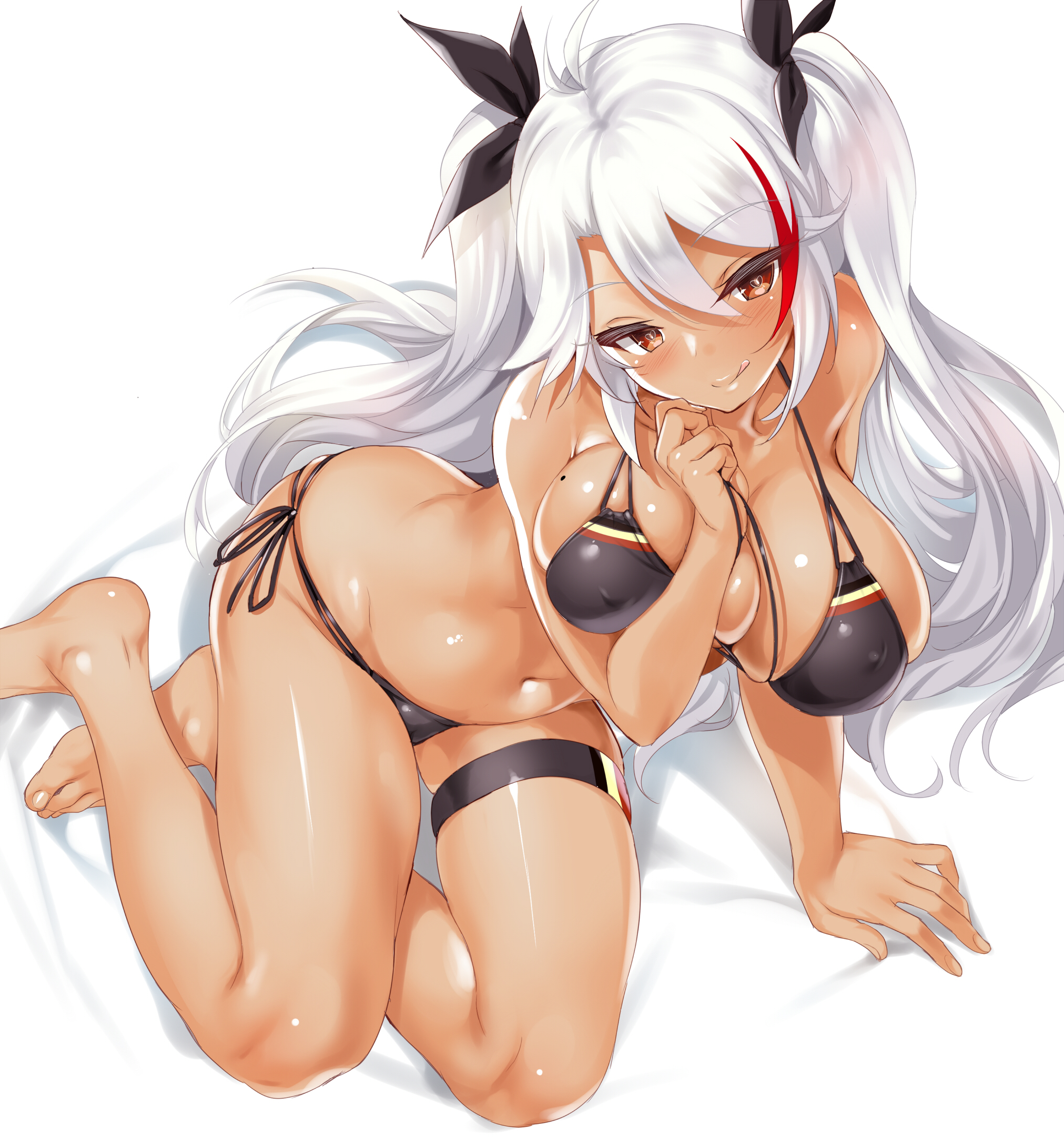 1girls, 2019, azur lane, bikini, breasts, cle masahiro, feet, female, hair ornament, high resolution, highres, large breasts, long hair, multicolored hair, prinz eugen (azur lane), see-through, solo, tan, tan body, thigh strap, two piece swimsuit, white background, white hair